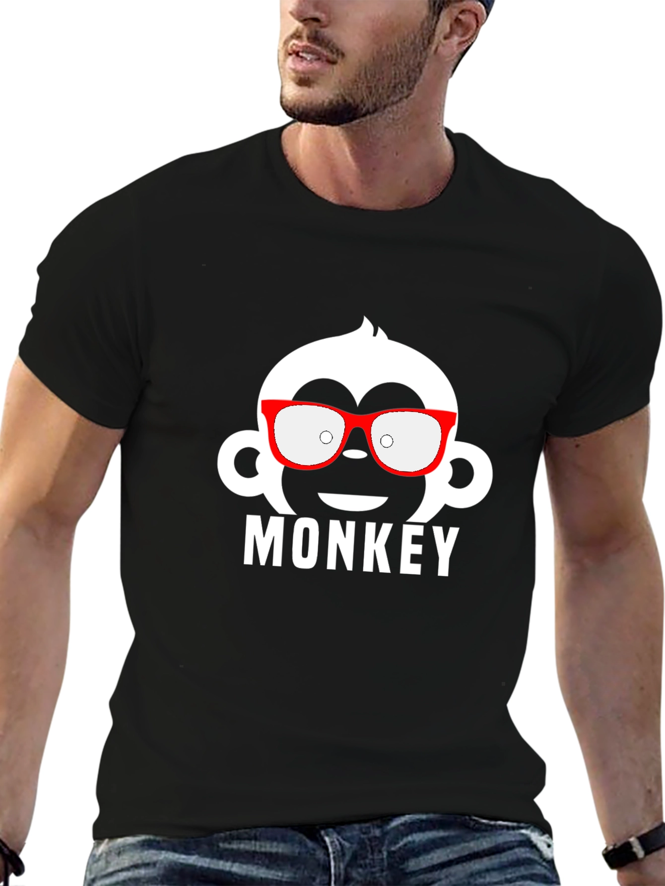 Monkey with Glasses Graphic Tee - Black Cotton T-Shirt