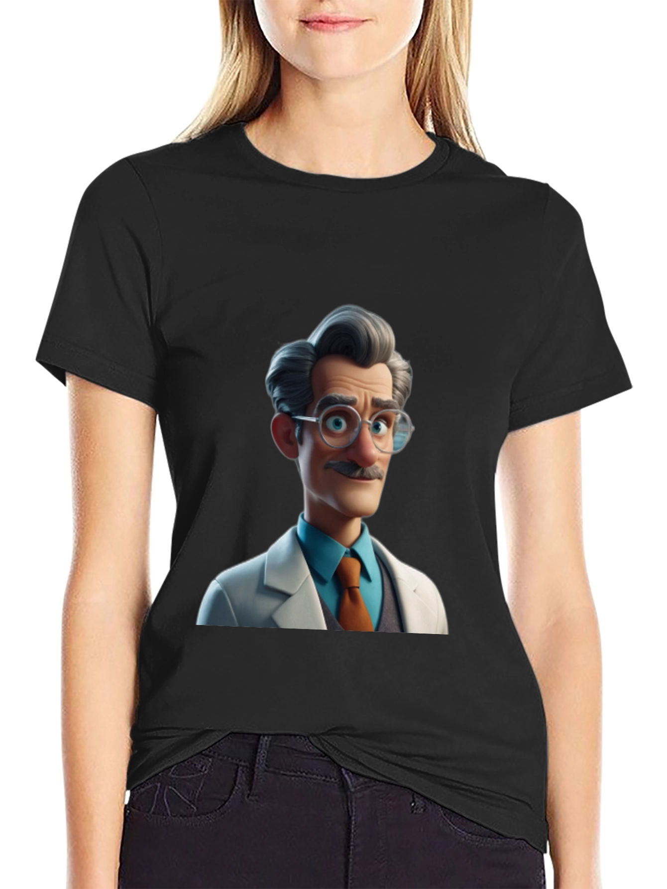 Cartoon Scientist Graphic Tee - Black Casual T-Shirt