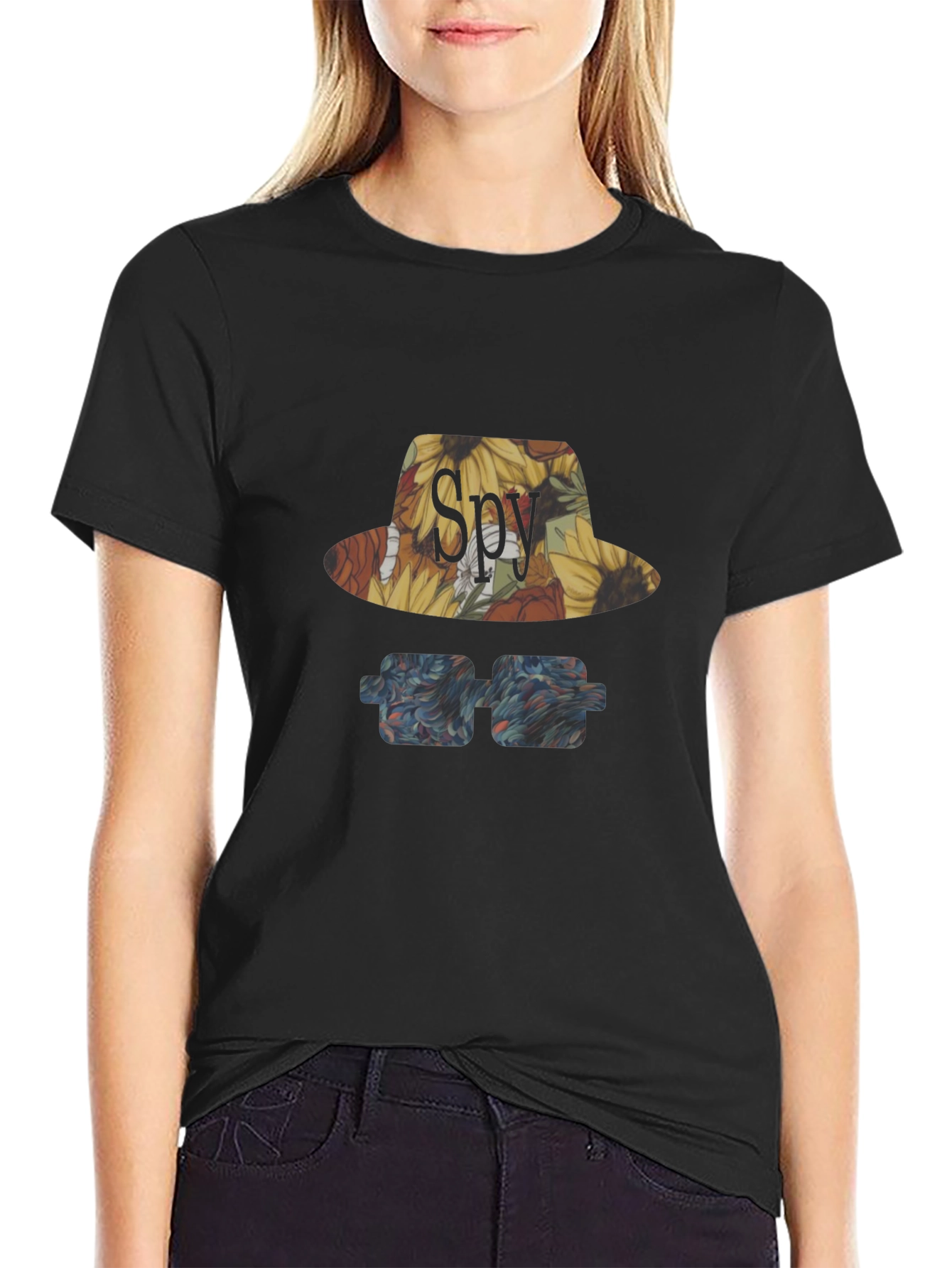 Spy Sunflower Hat & Glasses Graphic T-Shirt