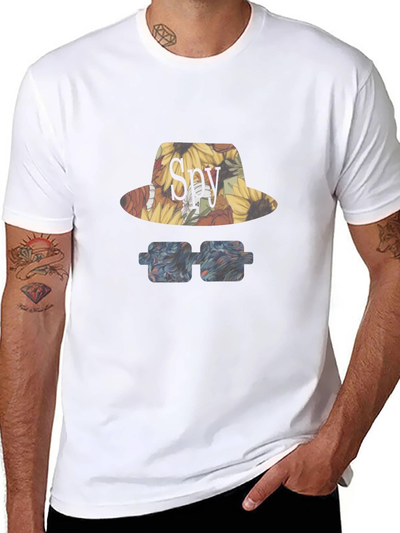 Spy Sunflower Hat & Glasses Graphic T-Shirt