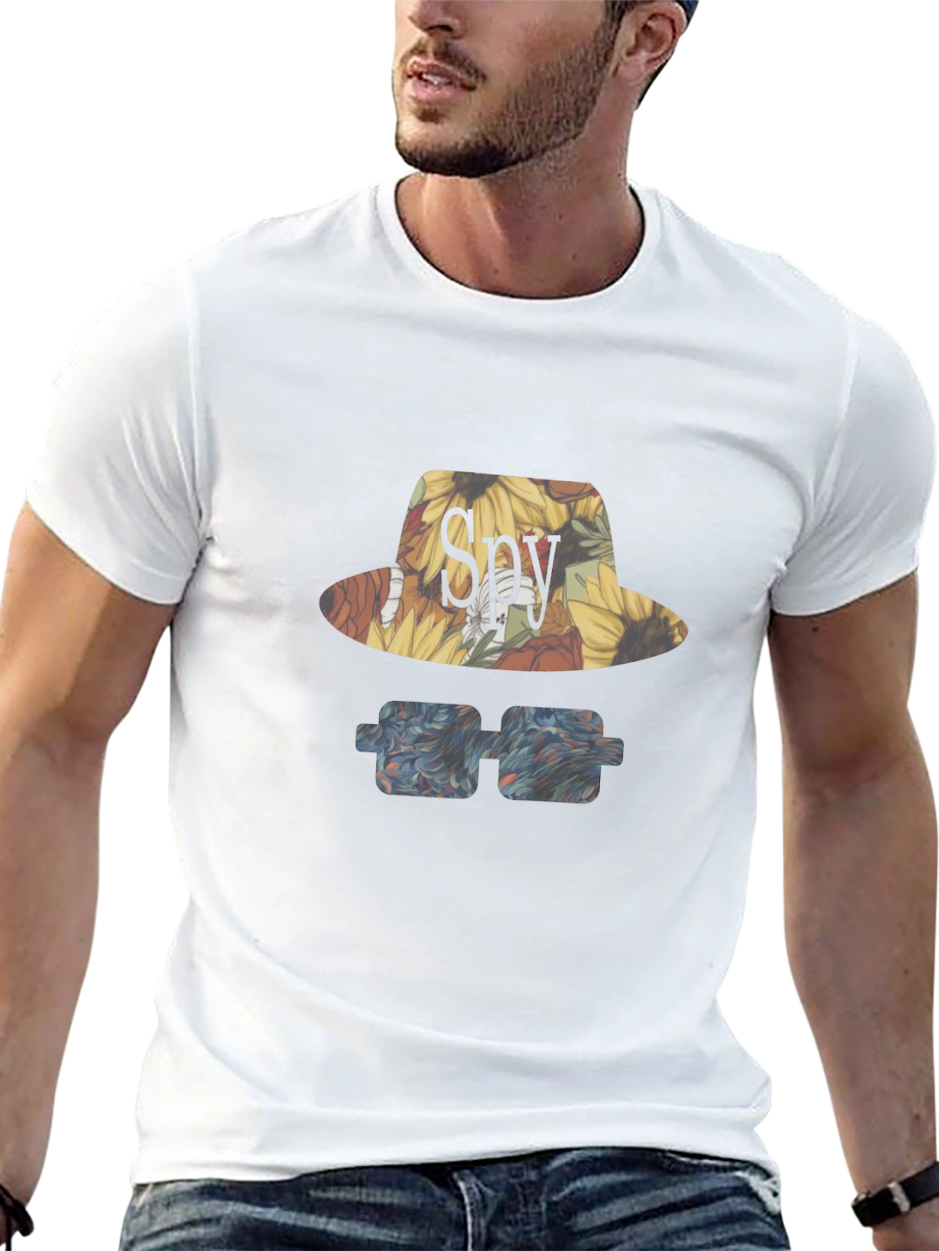 Spy Sunflower Hat & Glasses Graphic T-Shirt