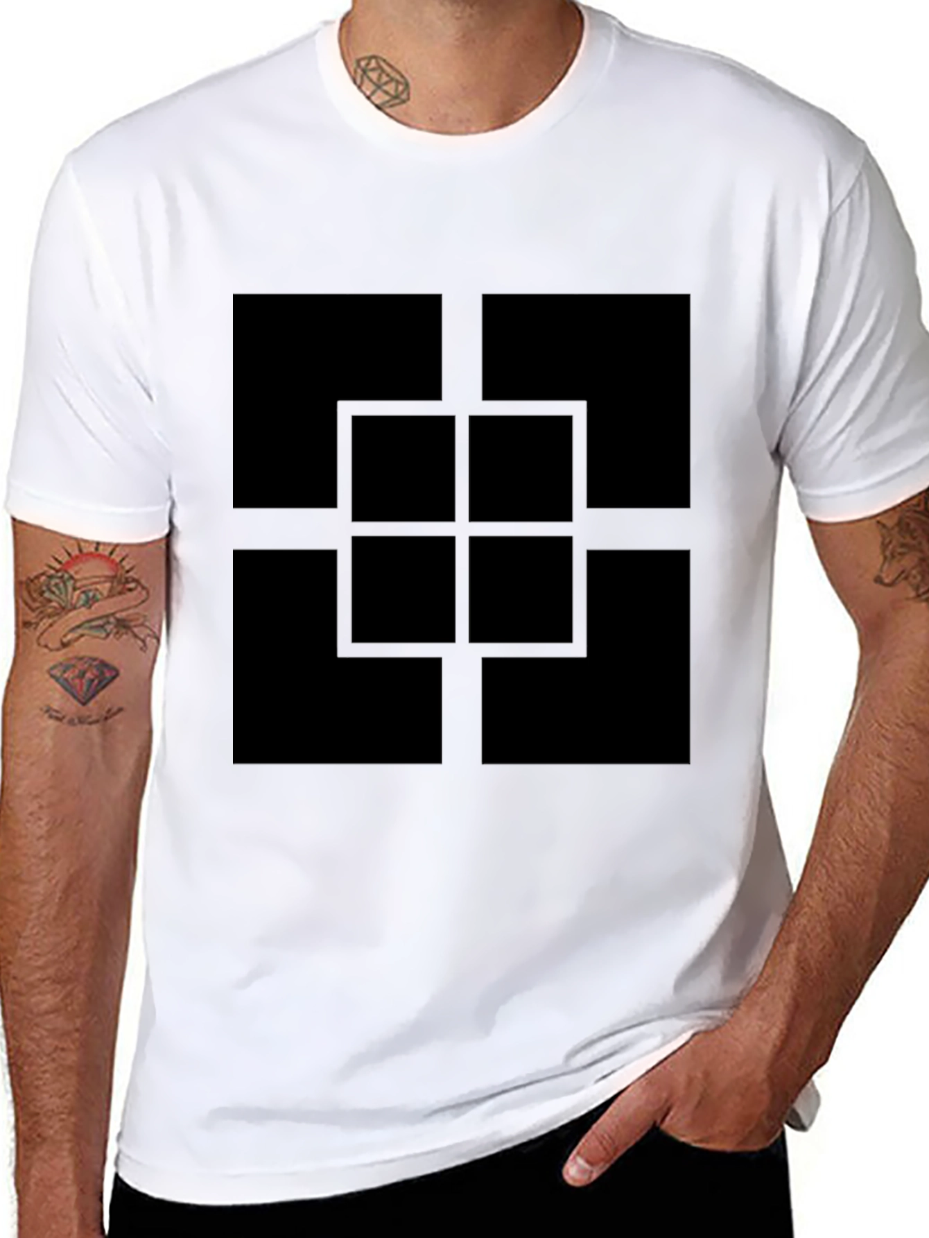 Geometric Square Pattern Black T-Shirt