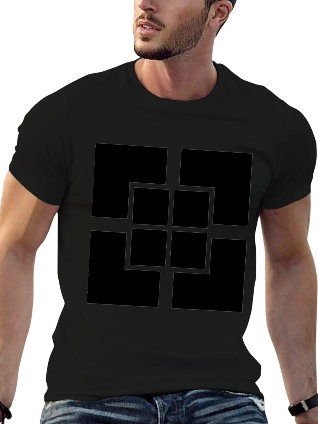 Geometric Square Pattern Black T-Shirt