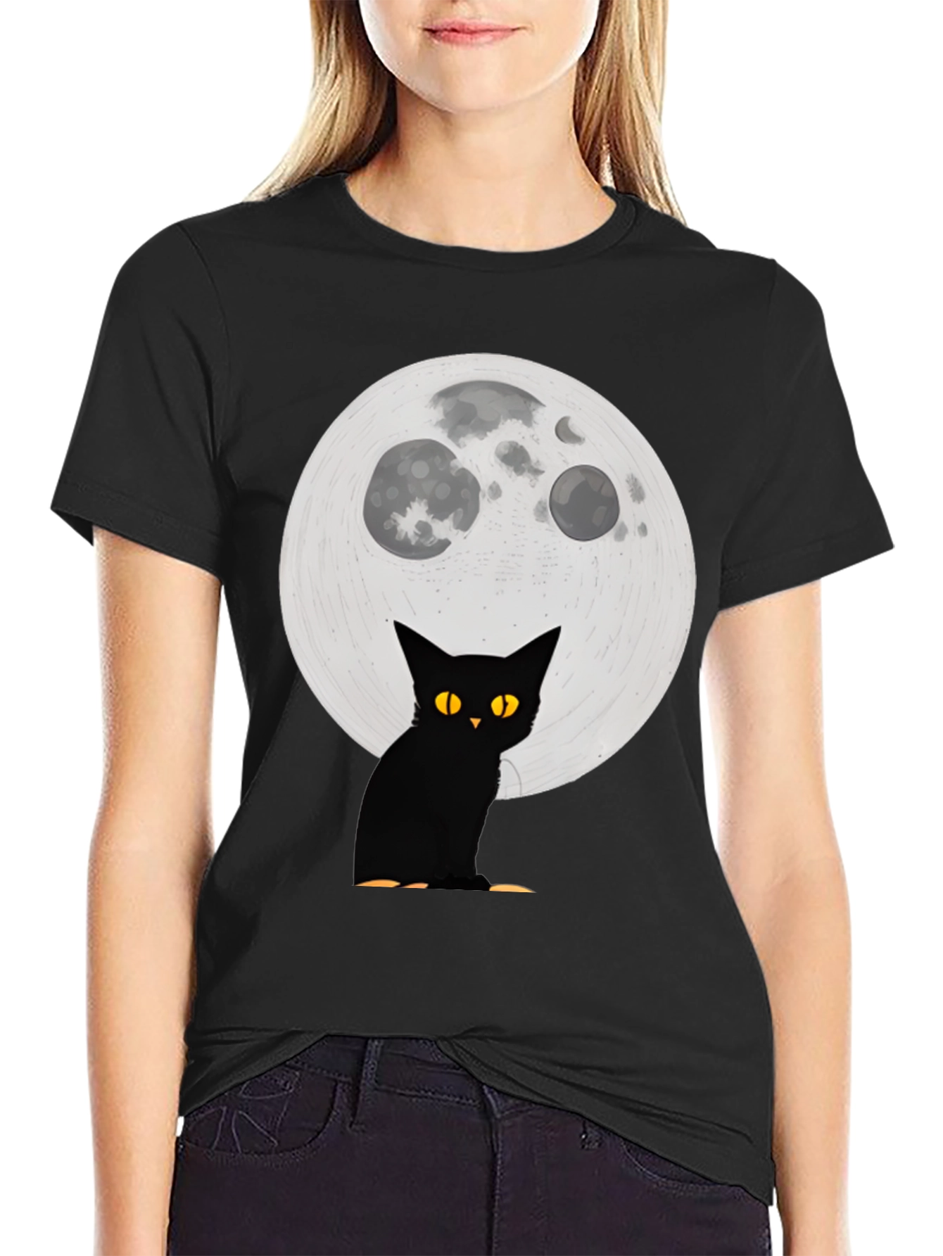 Black Cat Moon Graphic T-Shirt - Halloween Spooky Vibes