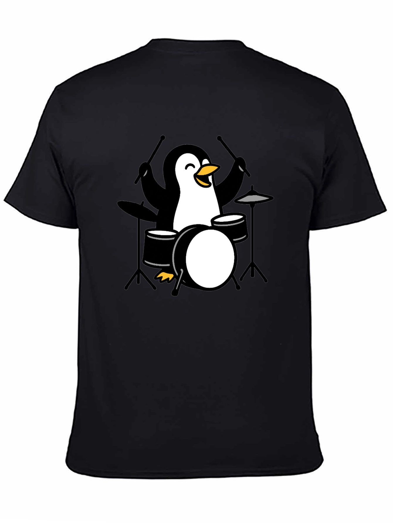 Penguin Drummer Black T-Shirt - Music Lover Tee