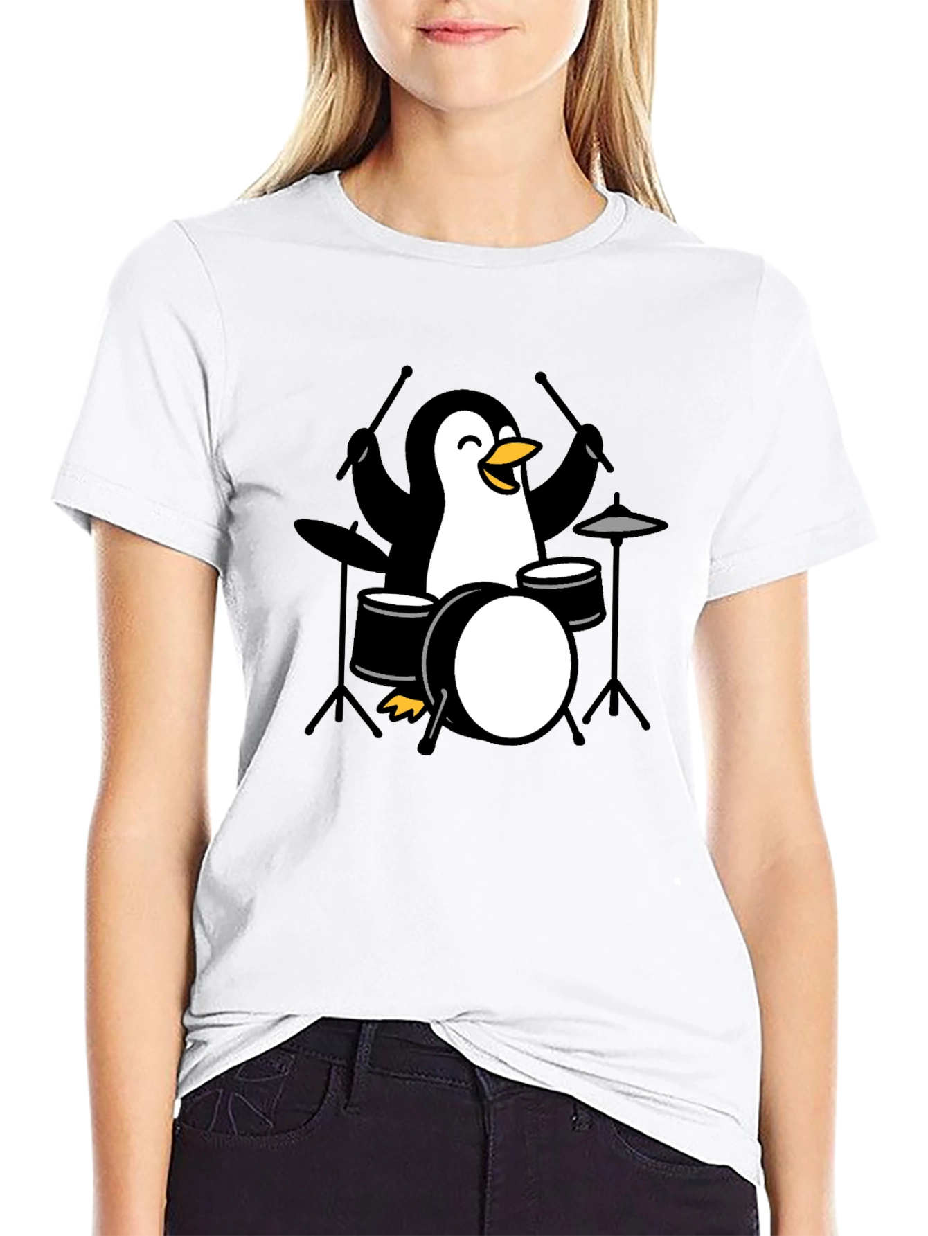 Penguin Drummer Black T-Shirt - Music Lover Tee