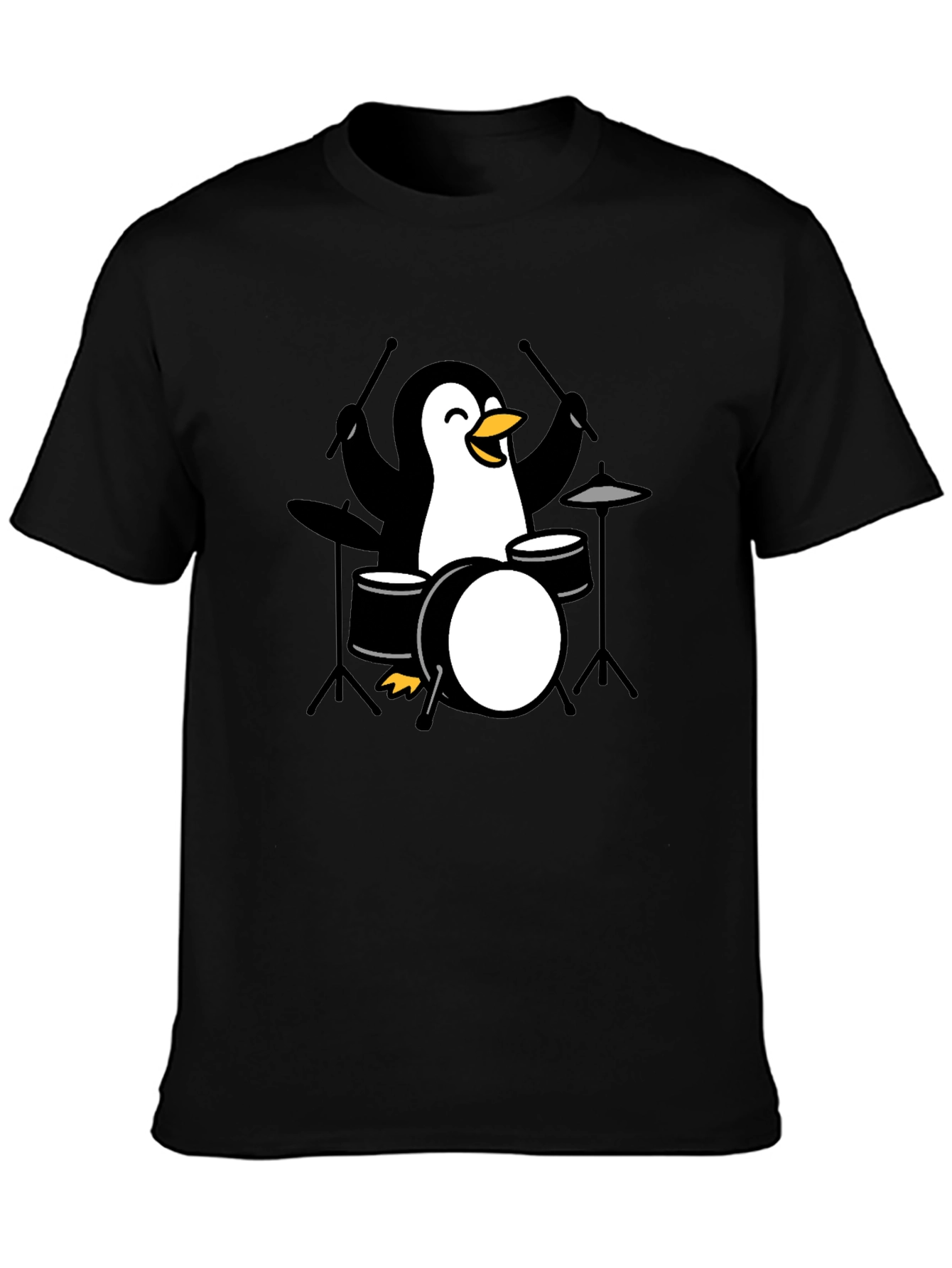 Penguin Drummer Black T-Shirt - Music Lover Tee