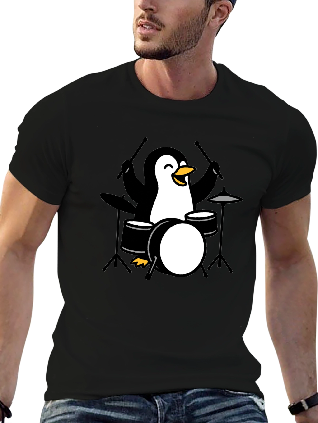 Penguin Drummer Black T-Shirt - Music Lover Tee