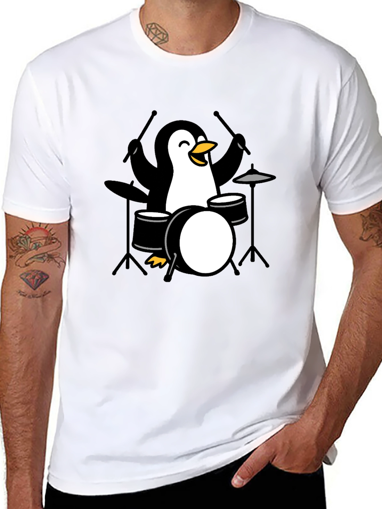 Penguin Drummer Black T-Shirt - Music Lover Tee