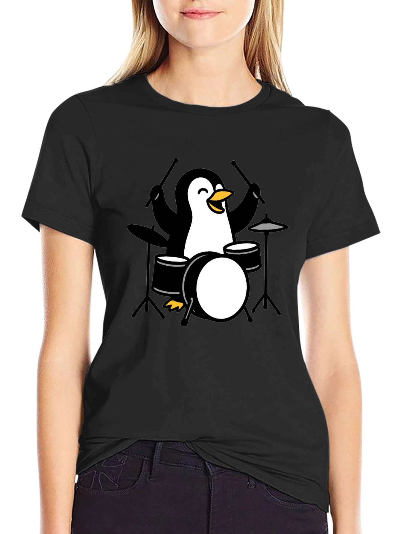 Penguin Drummer Black T-Shirt - Music Lover Tee