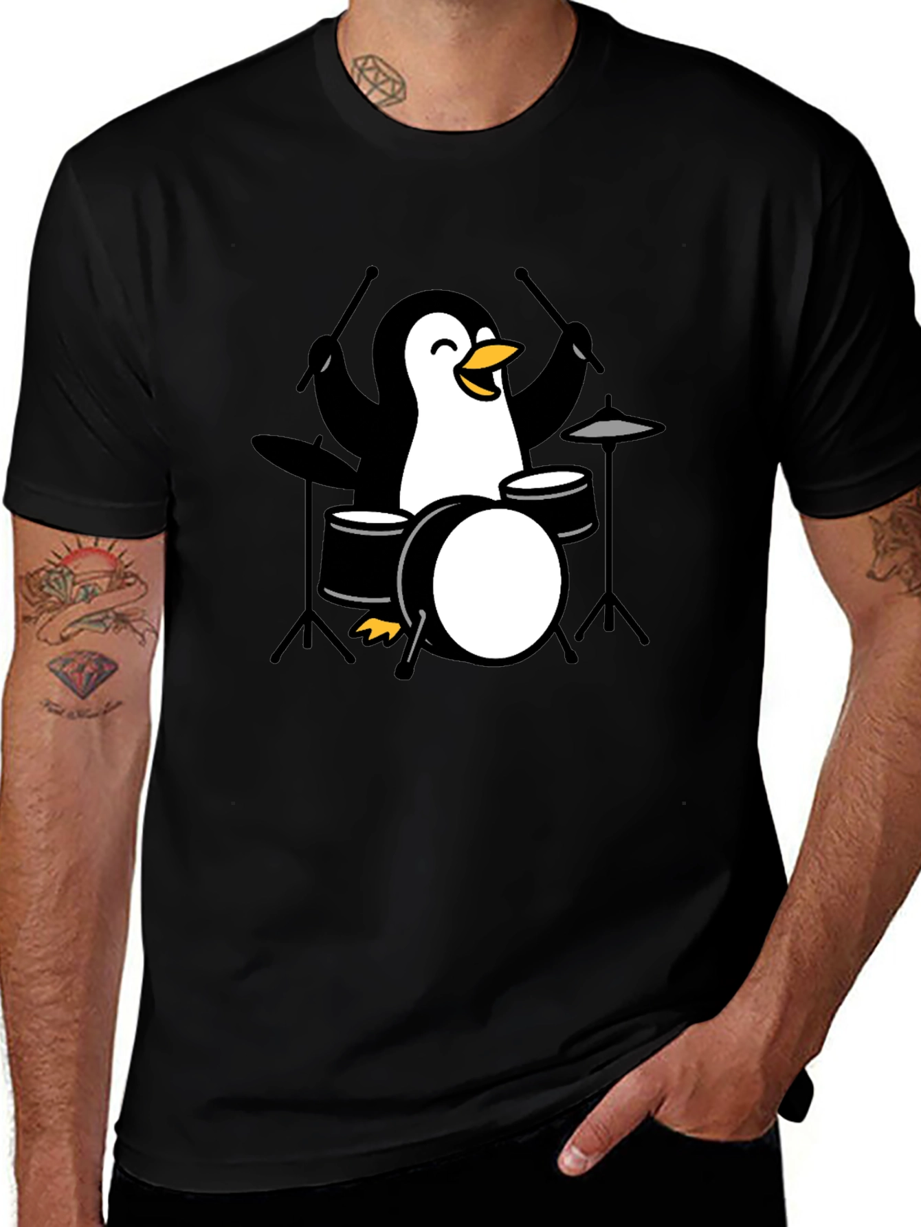 Penguin Drummer Black T-Shirt - Music Lover Tee