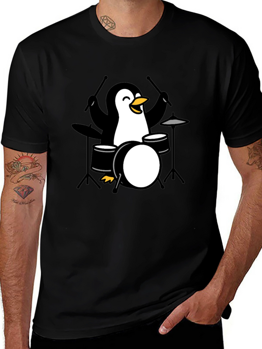 Penguin Drummer Black T-Shirt - Music Lover Tee