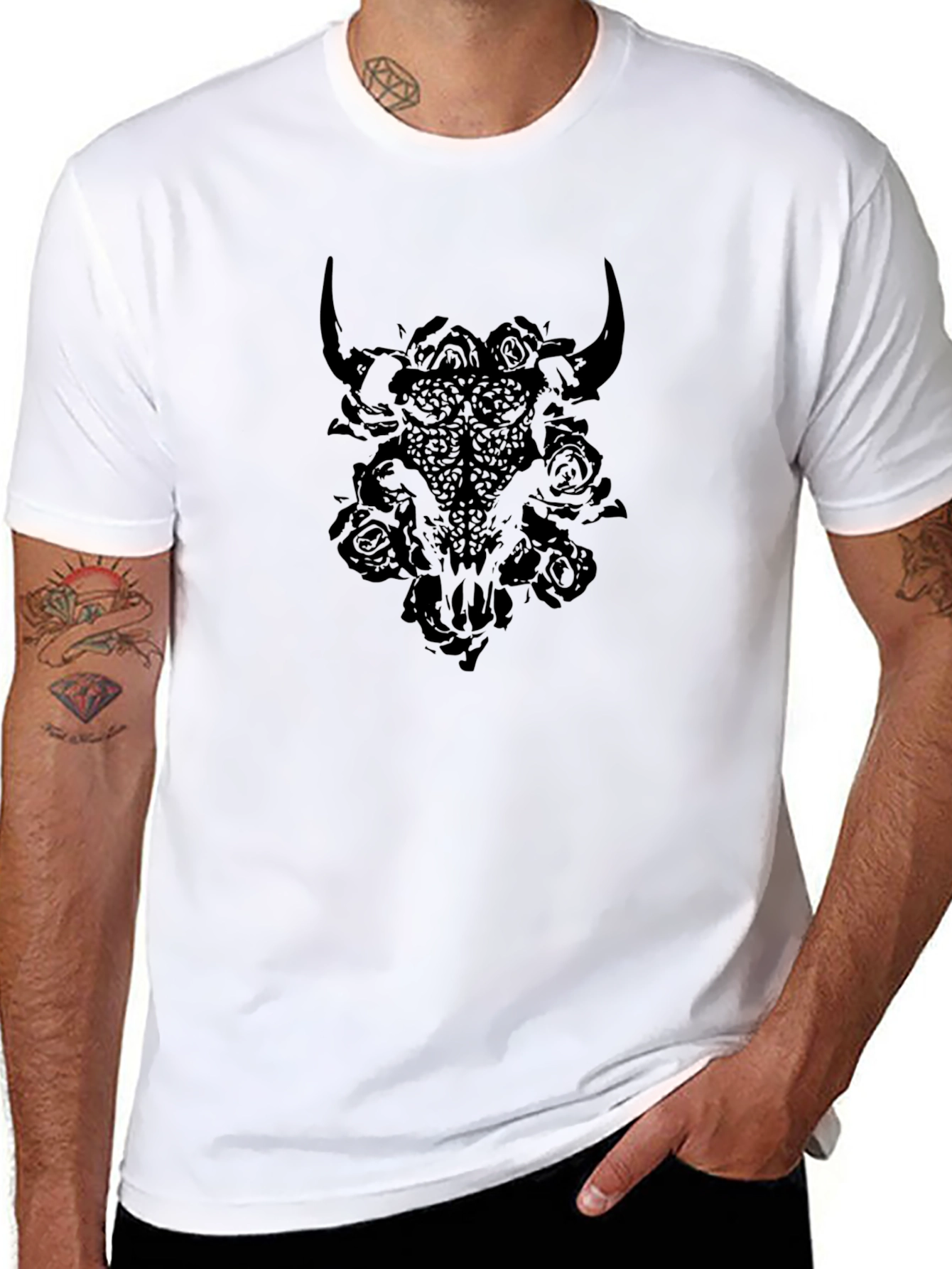 Black Bull Skull & Roses Graphic Tee