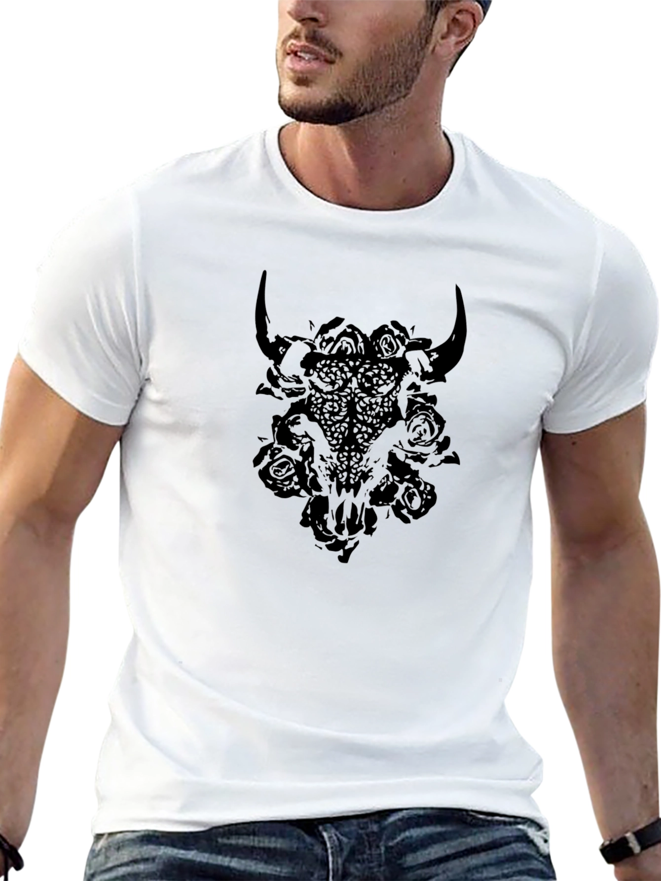 Black Bull Skull & Roses Graphic Tee