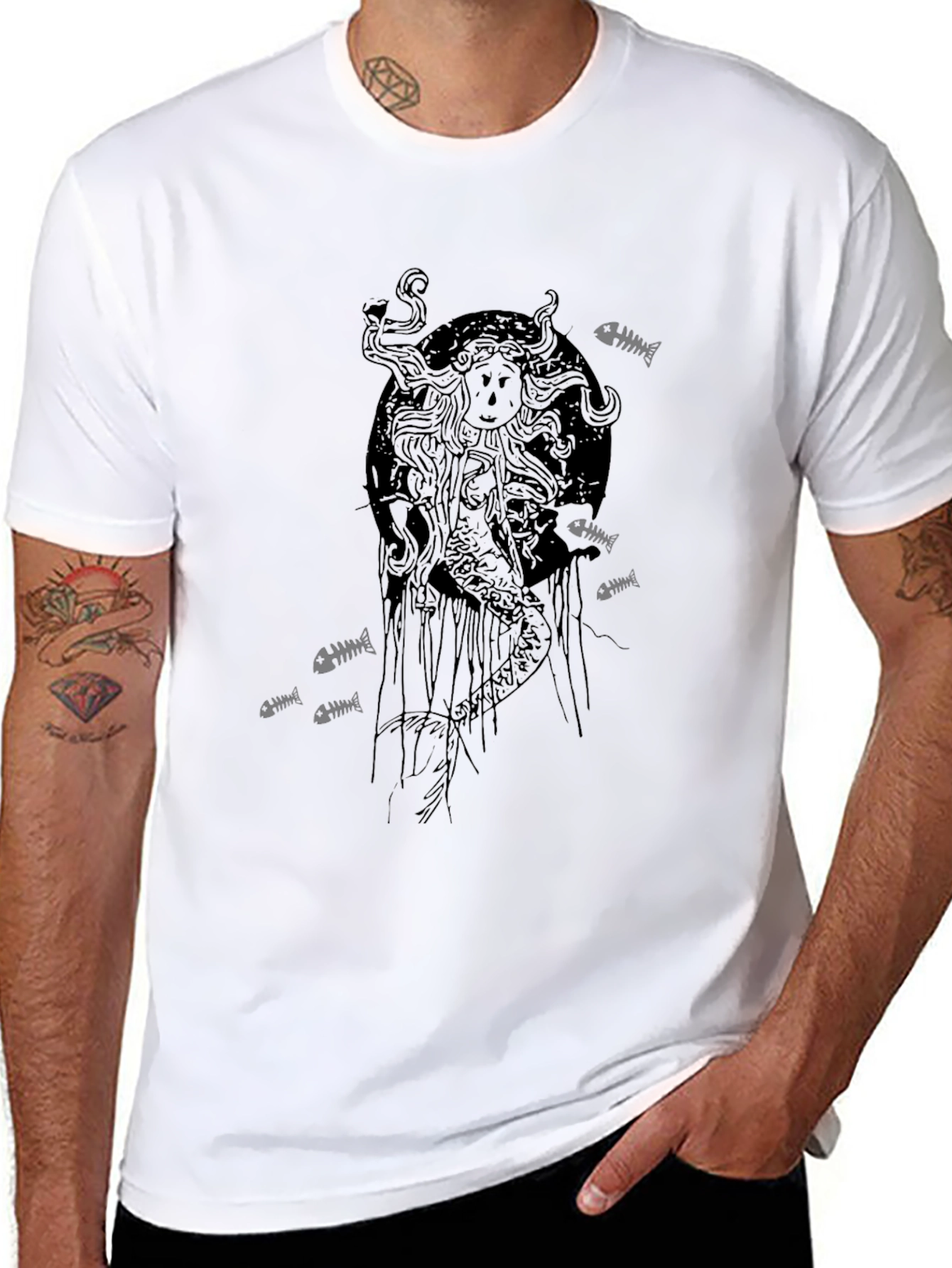 Grim Mermaid Graphic Tee - Black Cotton T-Shirt