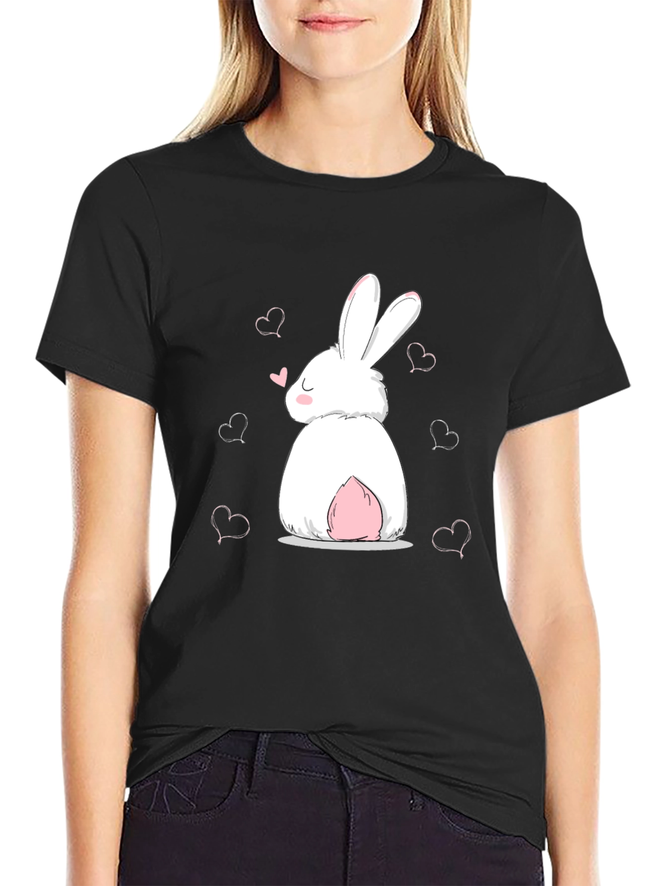 Cute Bunny Heart Graphic Black T-Shirt