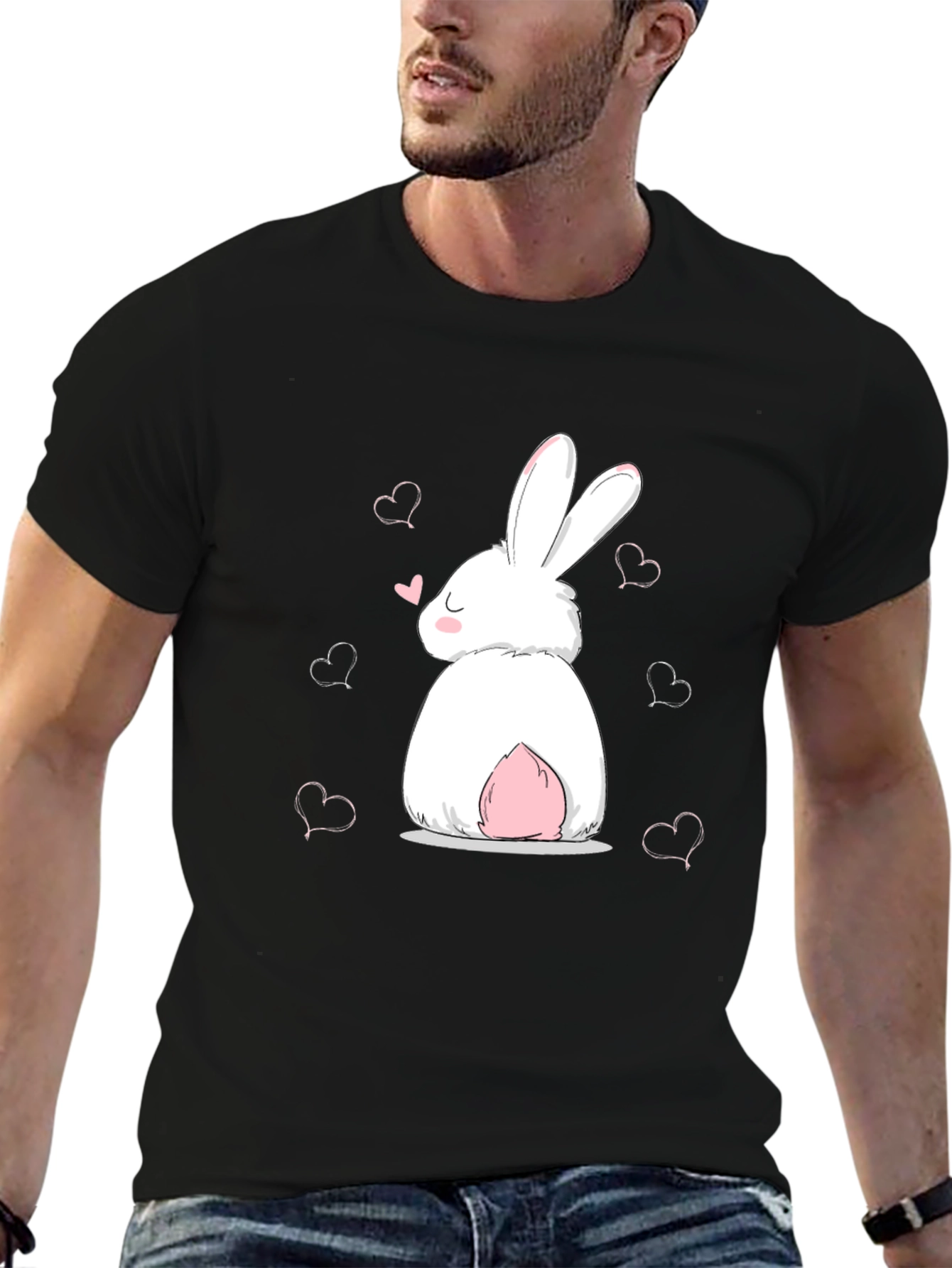 Cute Bunny Heart Graphic Black T-Shirt