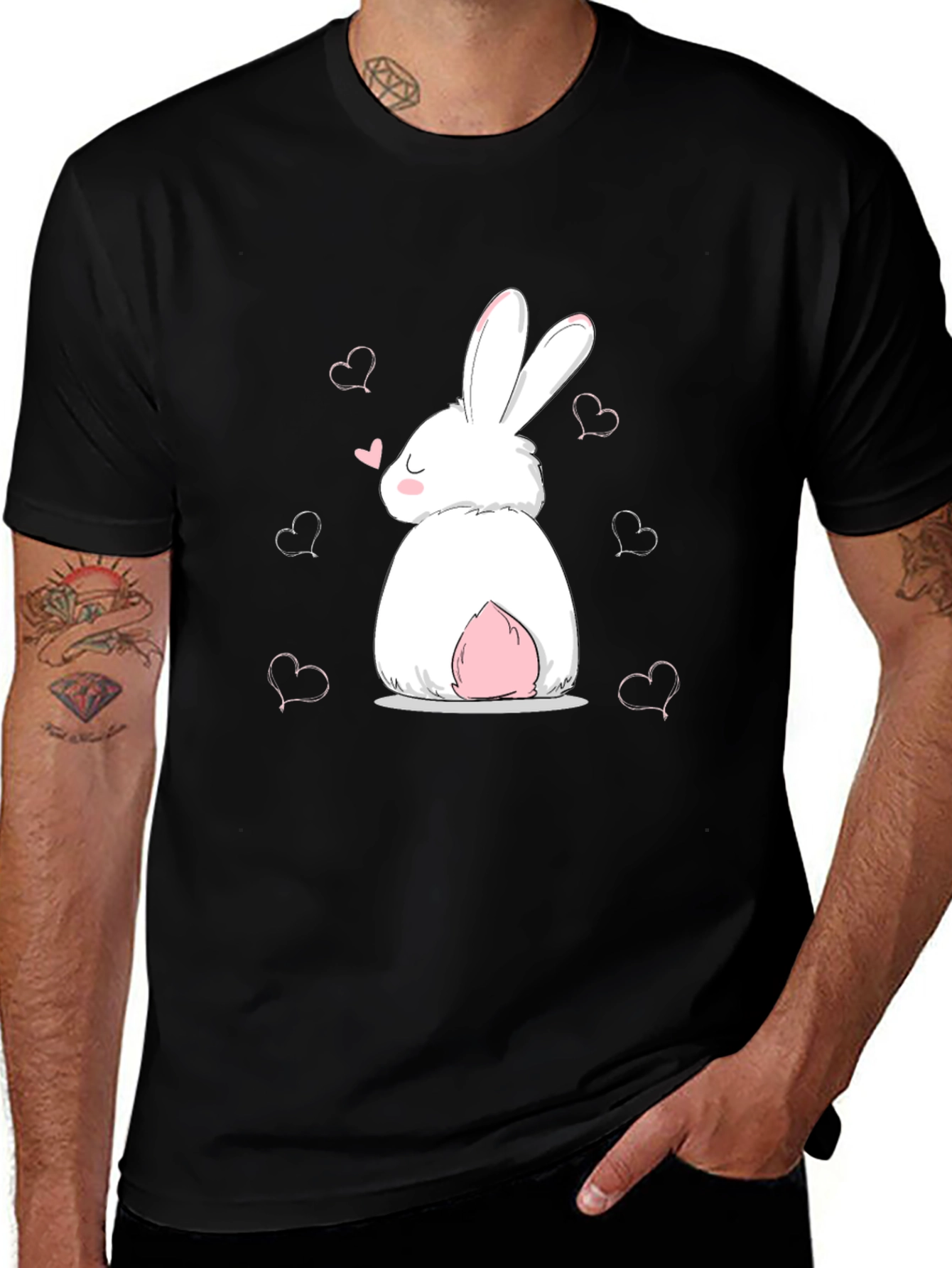 Cute Bunny Heart Graphic Black T-Shirt