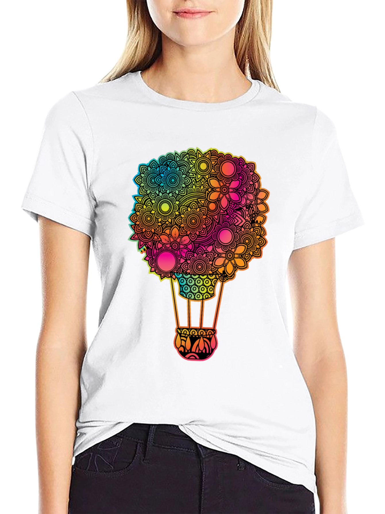 Floral Hot Air Balloon Graphic Tee - Black