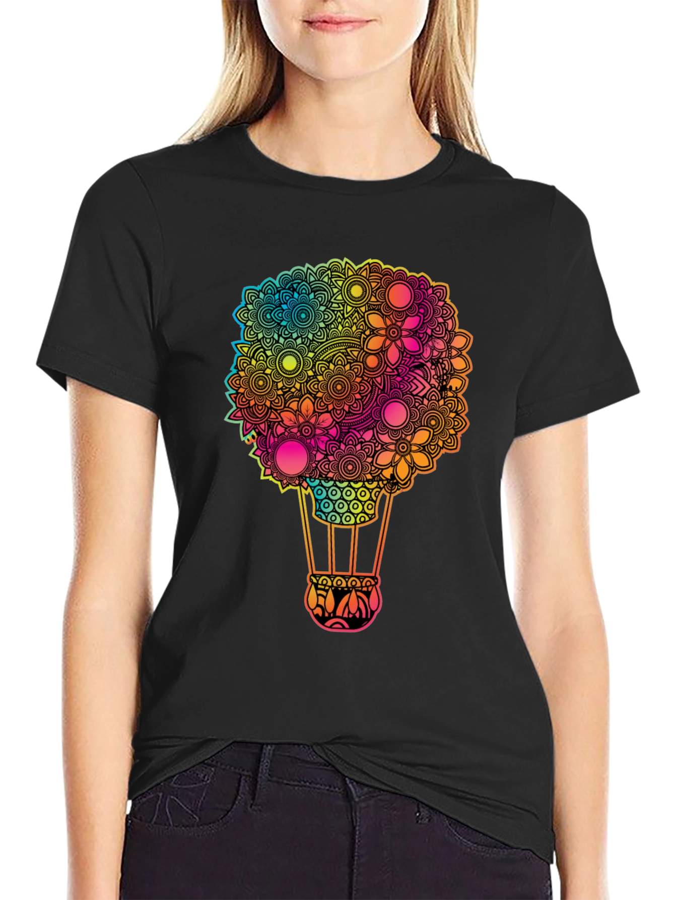 Floral Hot Air Balloon Graphic Tee - Black