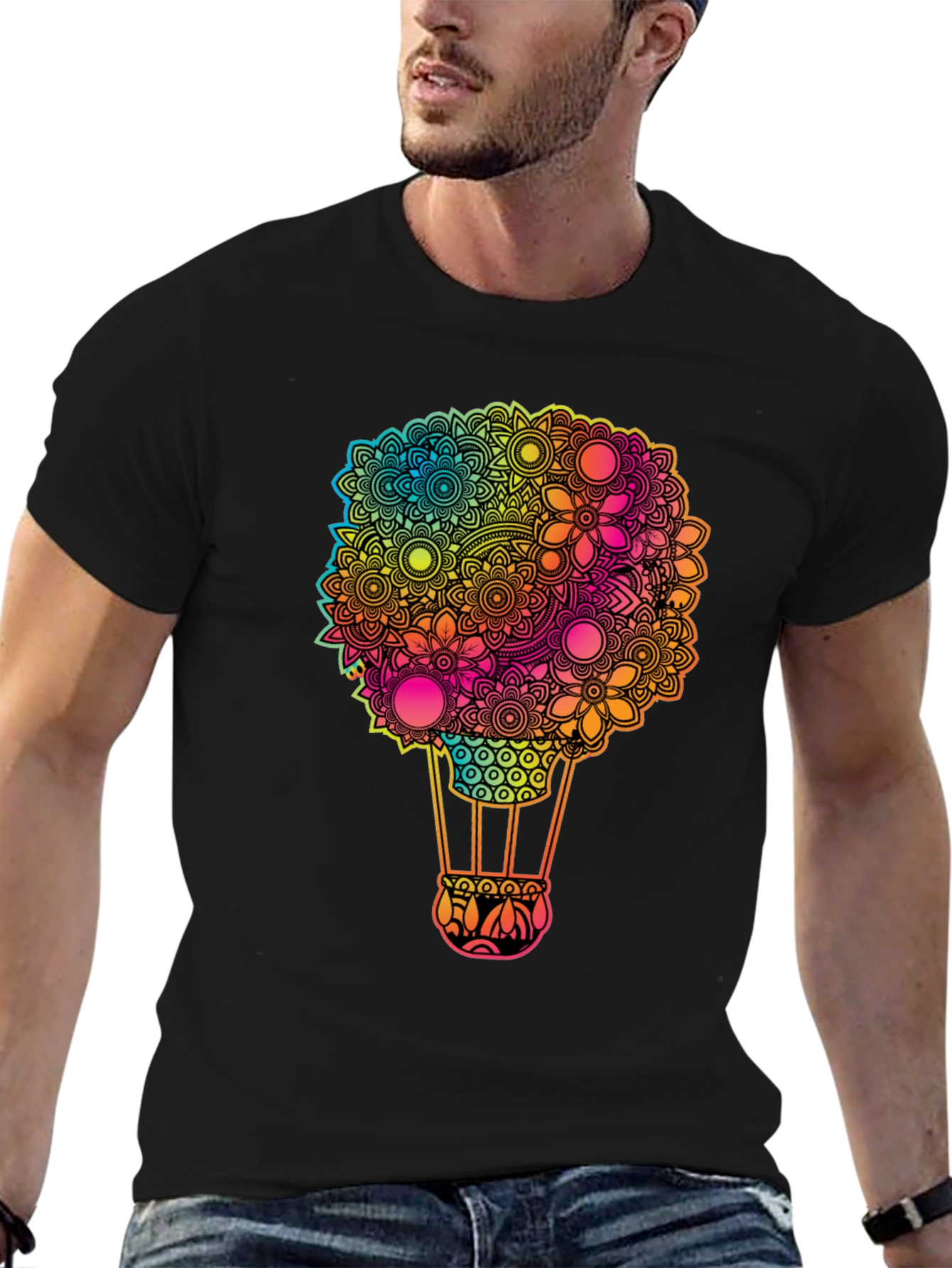 Floral Hot Air Balloon Graphic Tee - Black