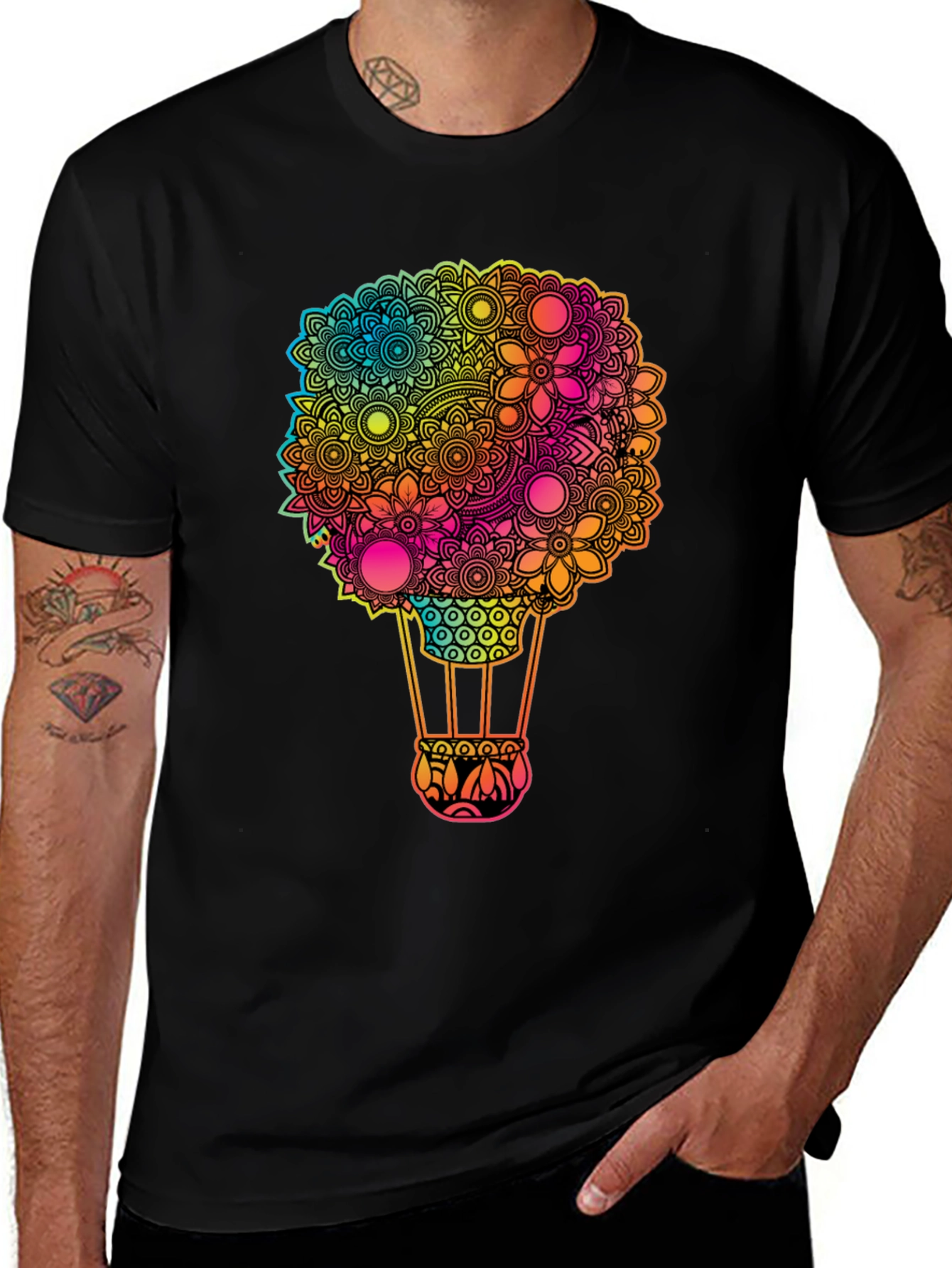 Floral Hot Air Balloon Graphic Tee - Black