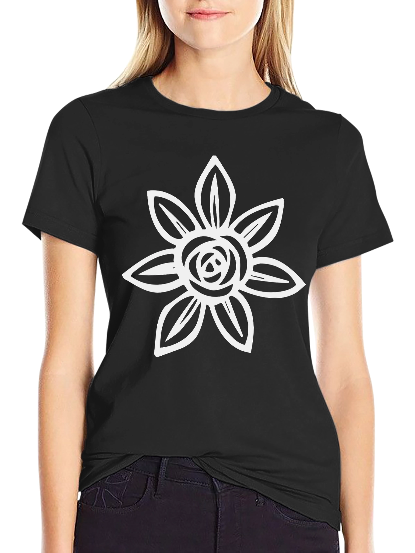 Black T-Shirt with White Flower Graphic