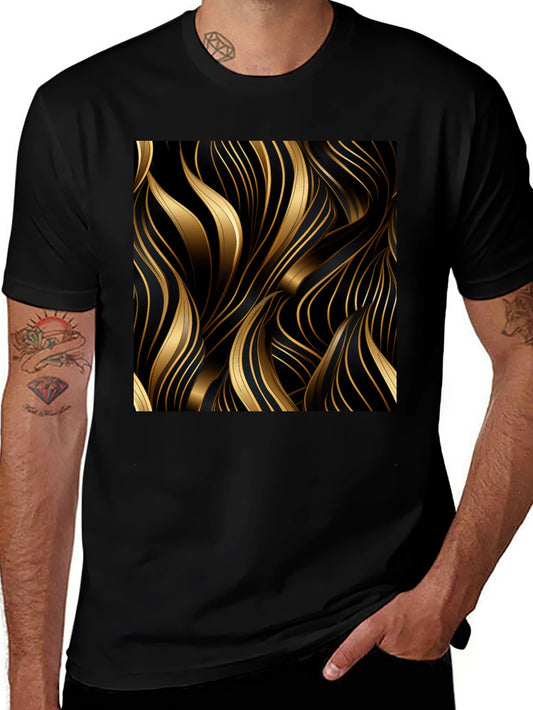 Stylish Black Tee with Abstract Gold Wave Design