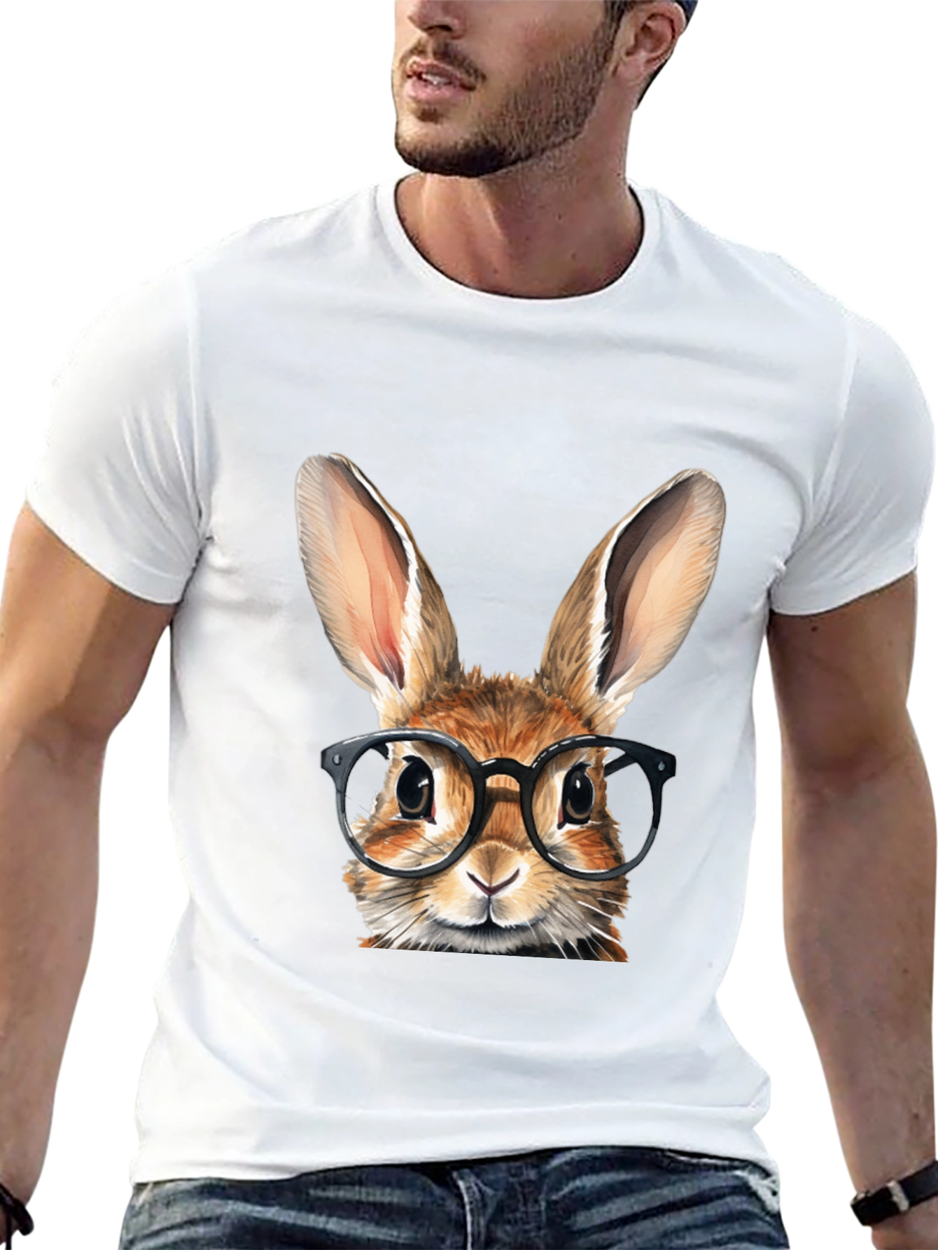 Rabbit with Glasses Graphic Tee - Black Cotton T-Shirt