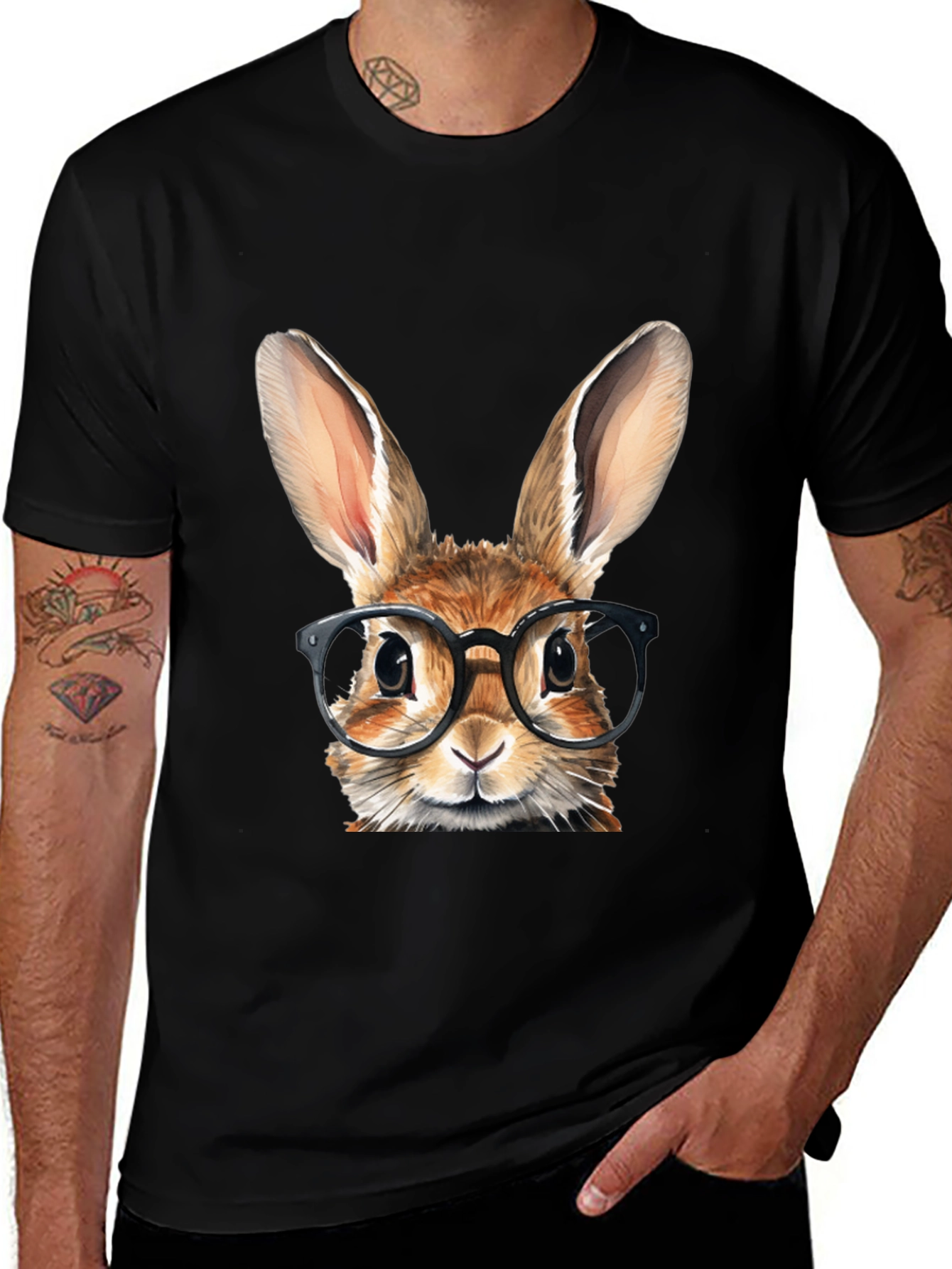 Rabbit with Glasses Graphic Tee - Black Cotton T-Shirt