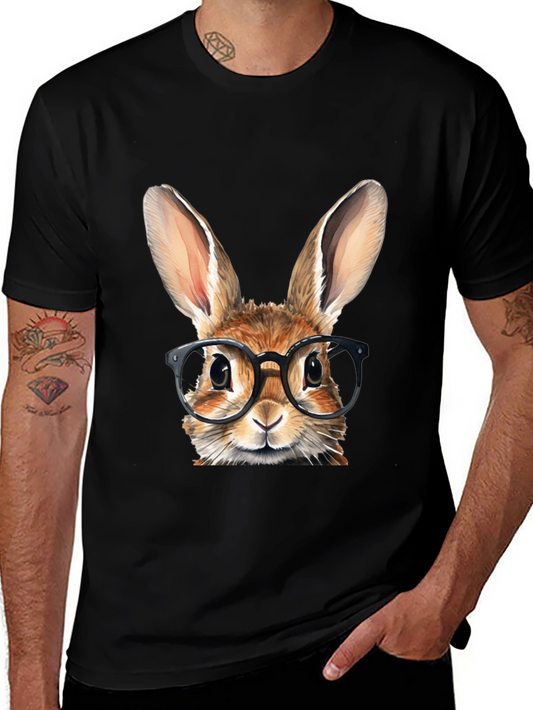 Rabbit with Glasses Graphic Tee - Black Cotton T-Shirt