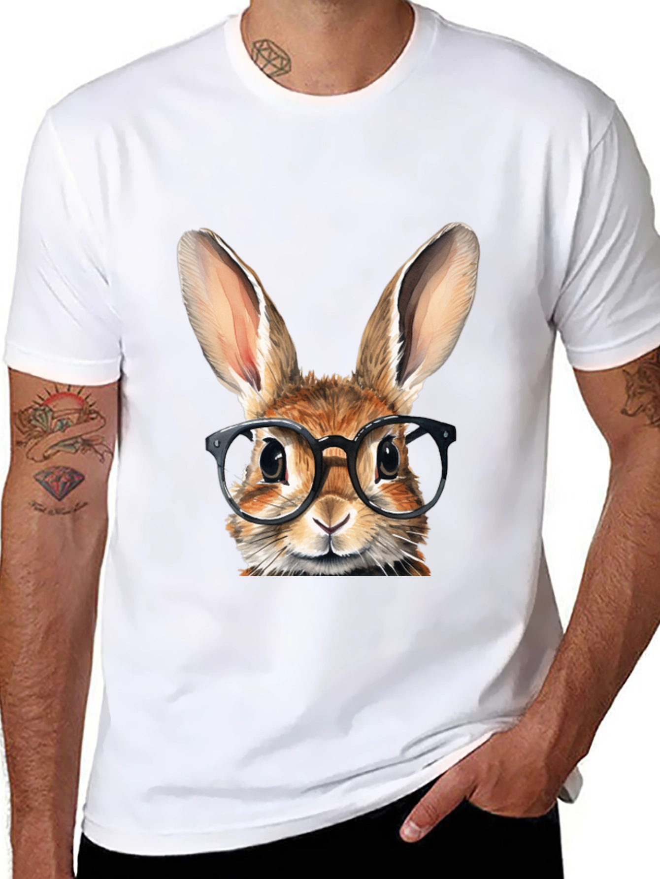 Rabbit with Glasses Graphic Tee - Black Cotton T-Shirt