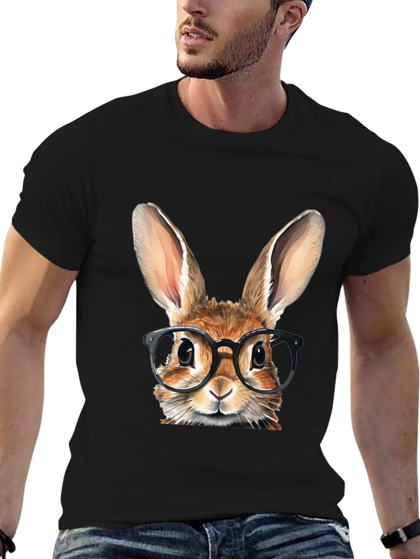 Rabbit with Glasses Graphic Tee - Black Cotton T-Shirt