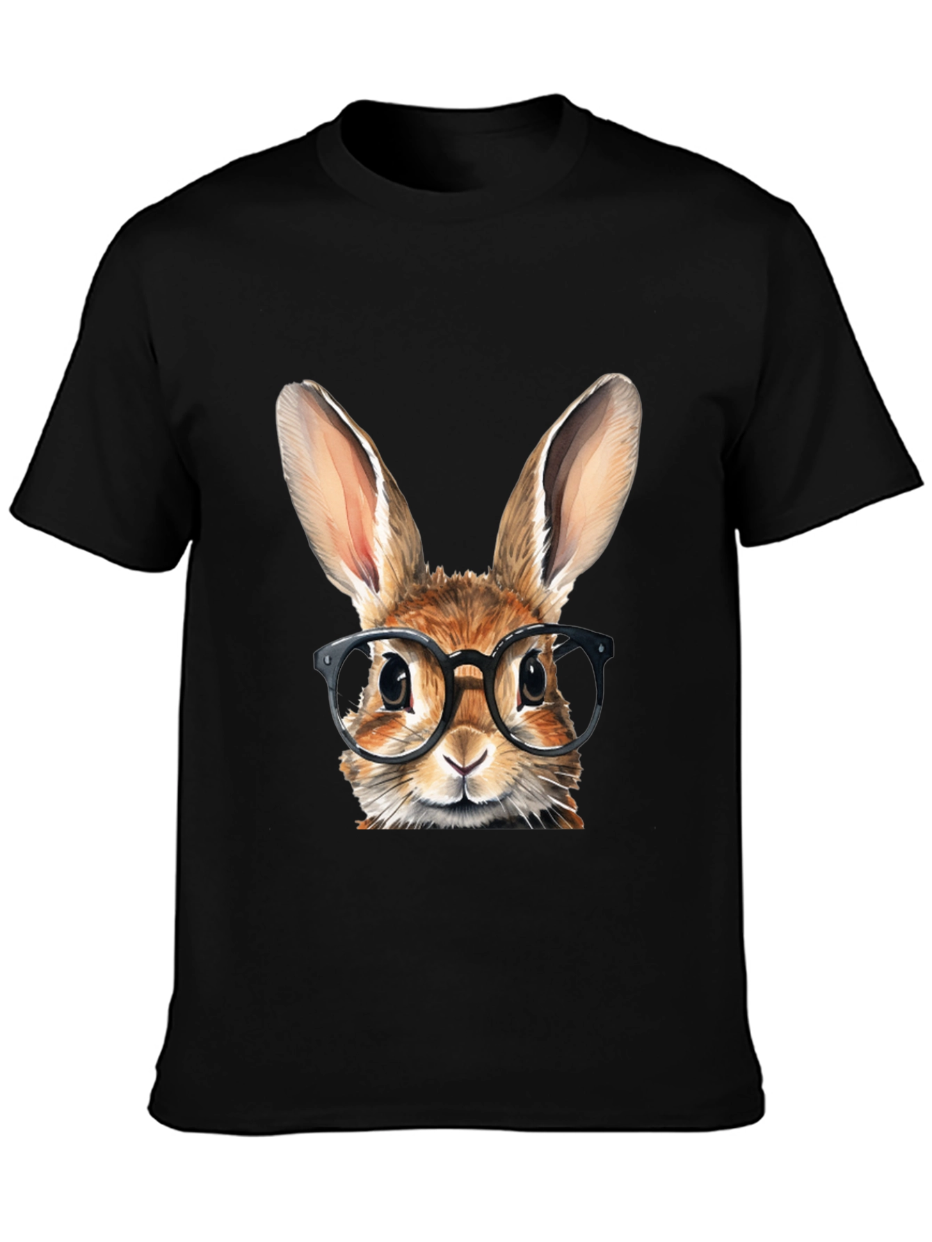 Rabbit with Glasses Graphic Tee - Black Cotton T-Shirt