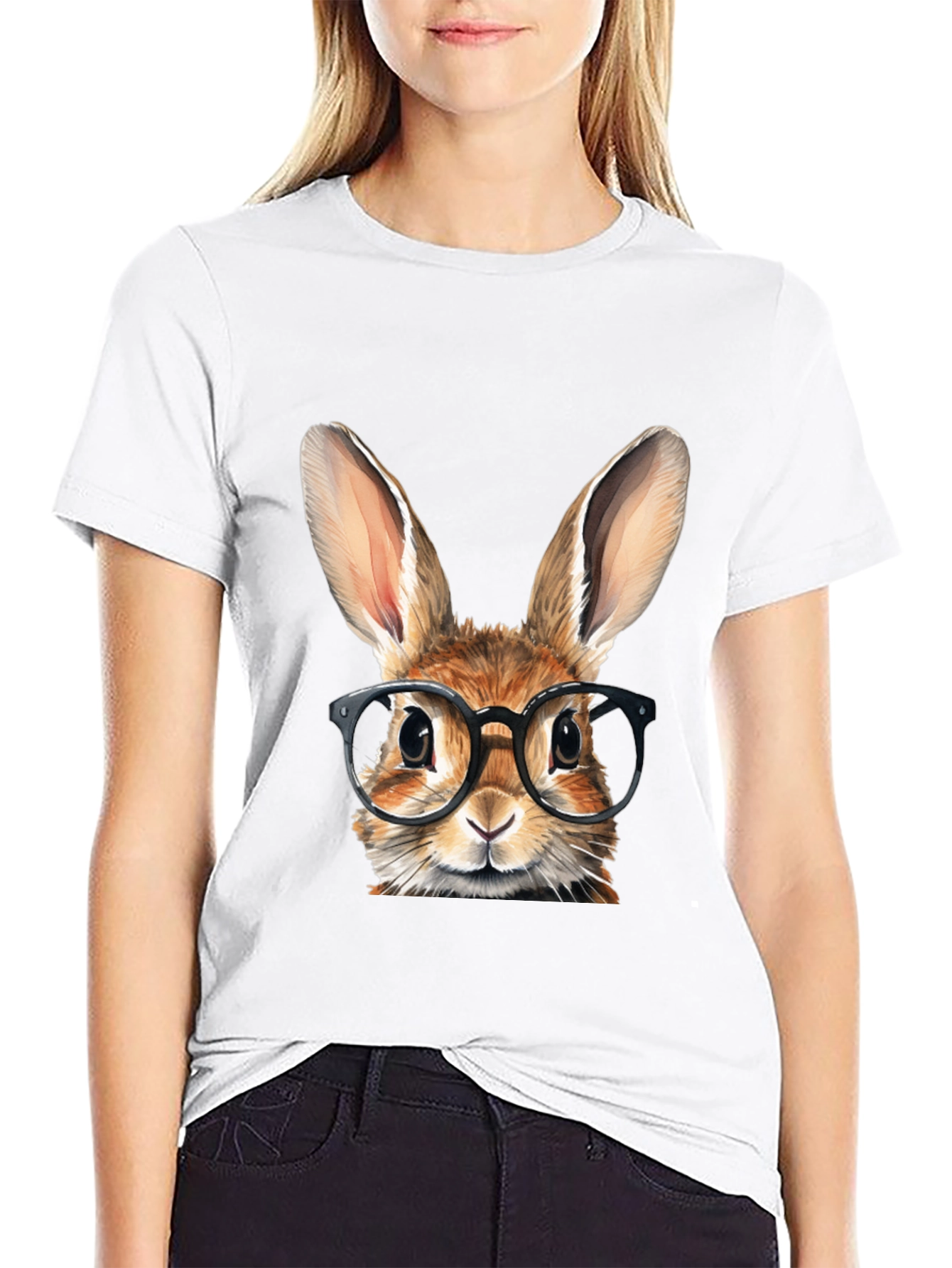 Rabbit with Glasses Graphic Tee - Black Cotton T-Shirt