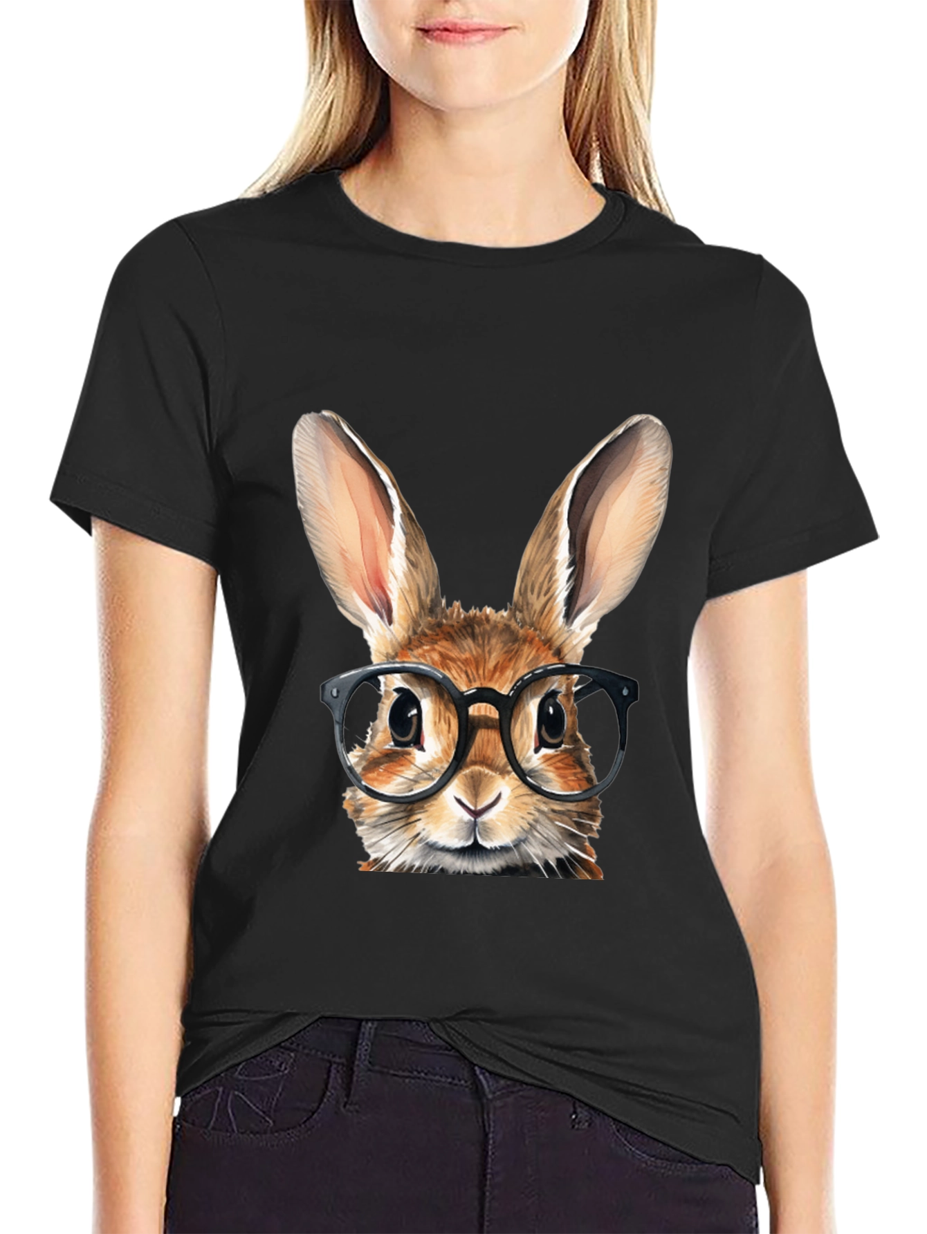 Rabbit with Glasses Graphic Tee - Black Cotton T-Shirt