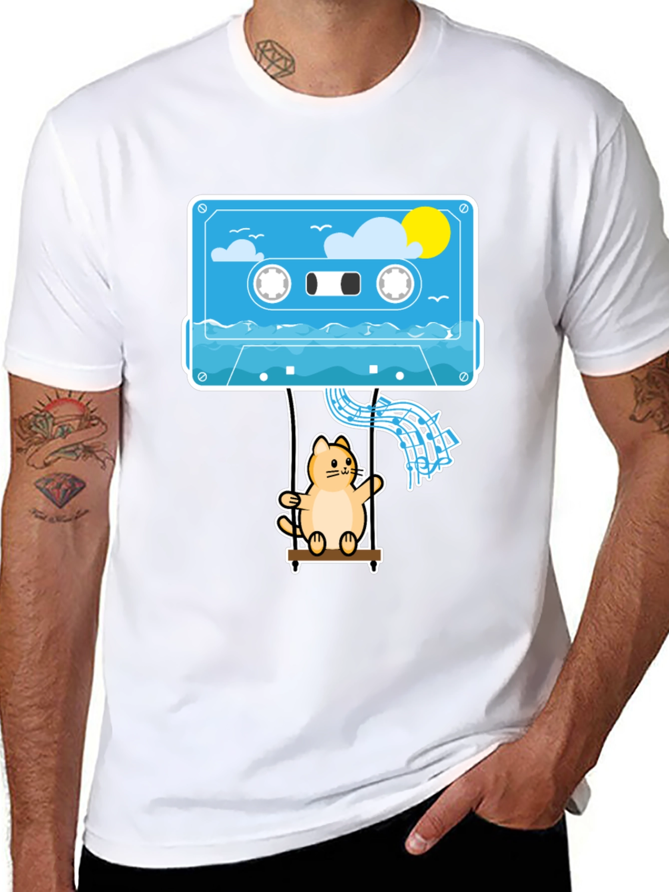 Cassette Cat Swing T-Shirt - Cool Graphic Tee