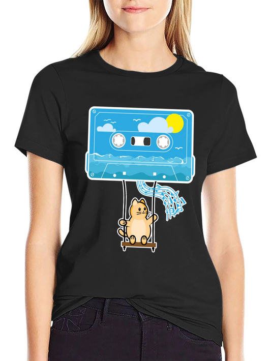 Cassette Cat Swing T-Shirt - Cool Graphic Tee