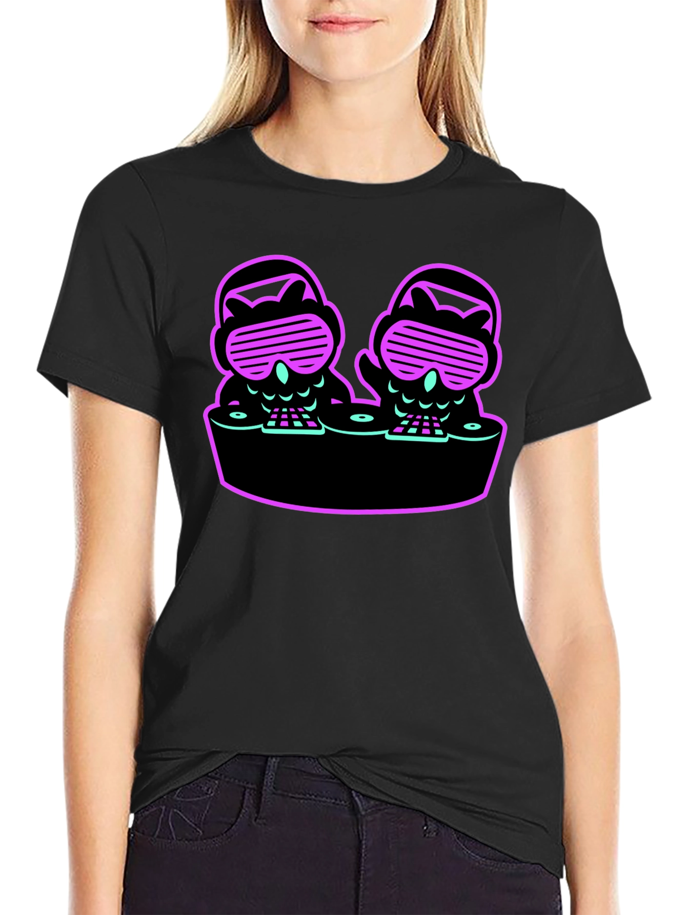 DJ Owls Graphic Tee - Unique Neon Design