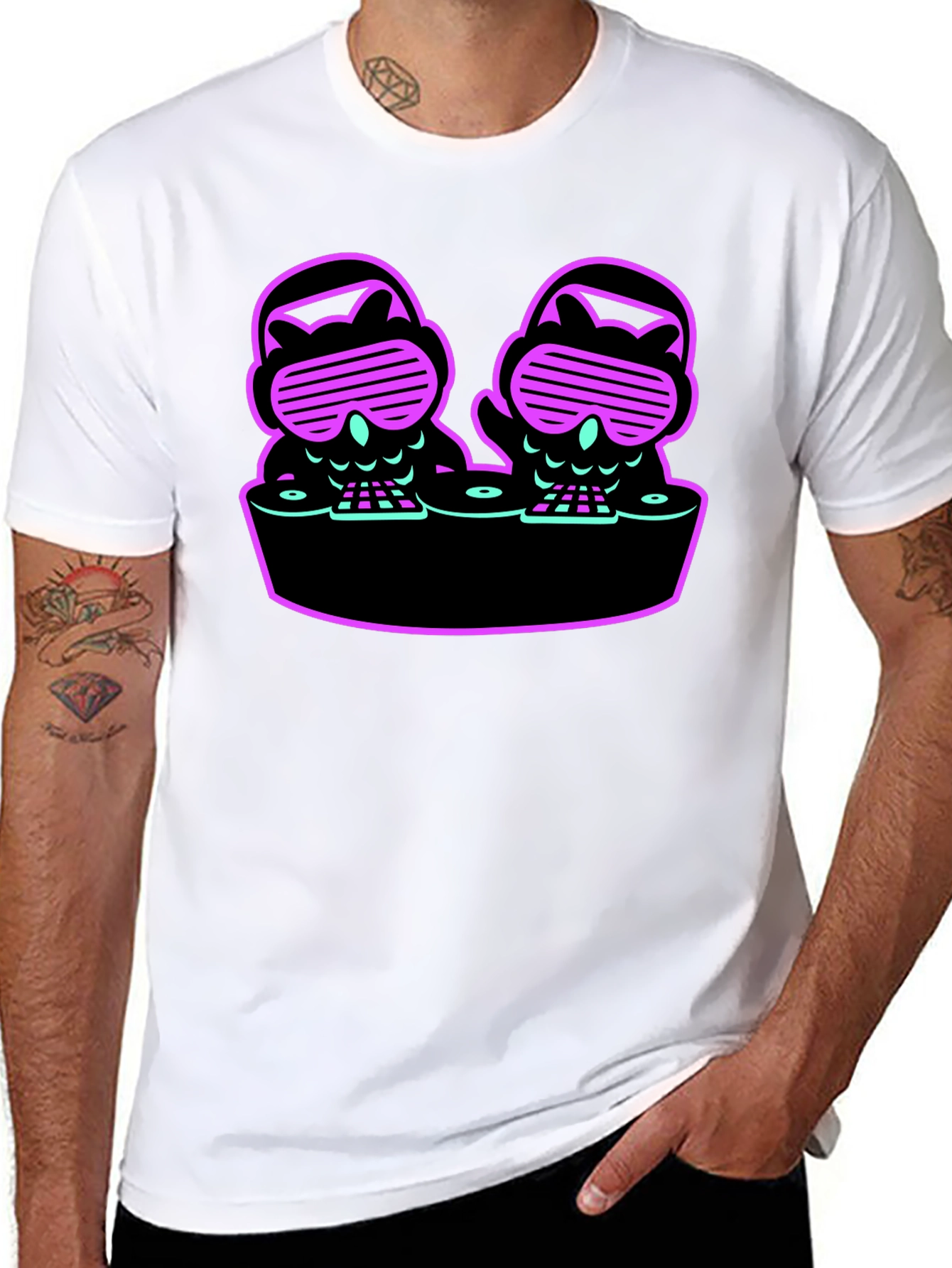 DJ Owls Graphic Tee - Unique Neon Design
