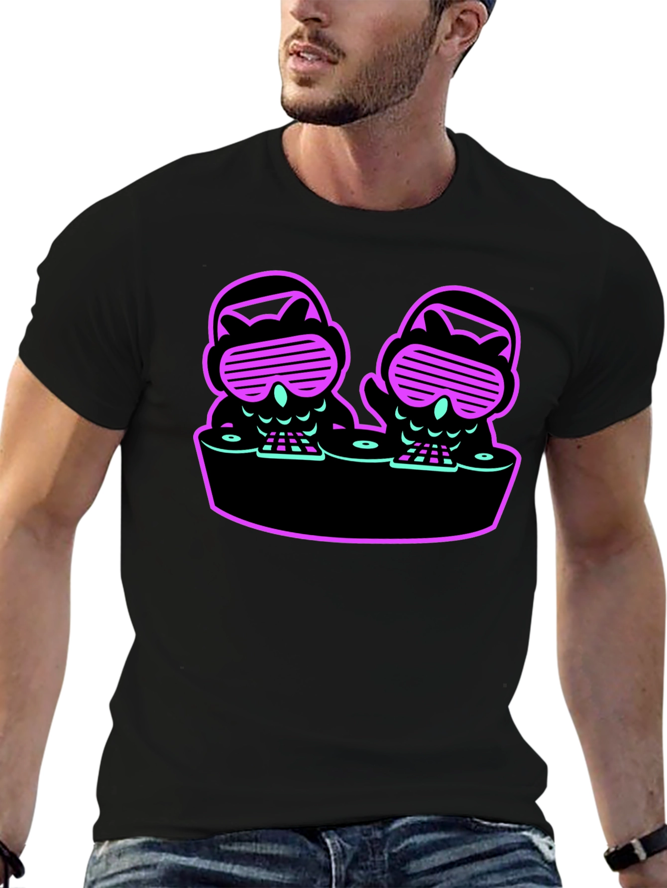 DJ Owls Graphic Tee - Unique Neon Design