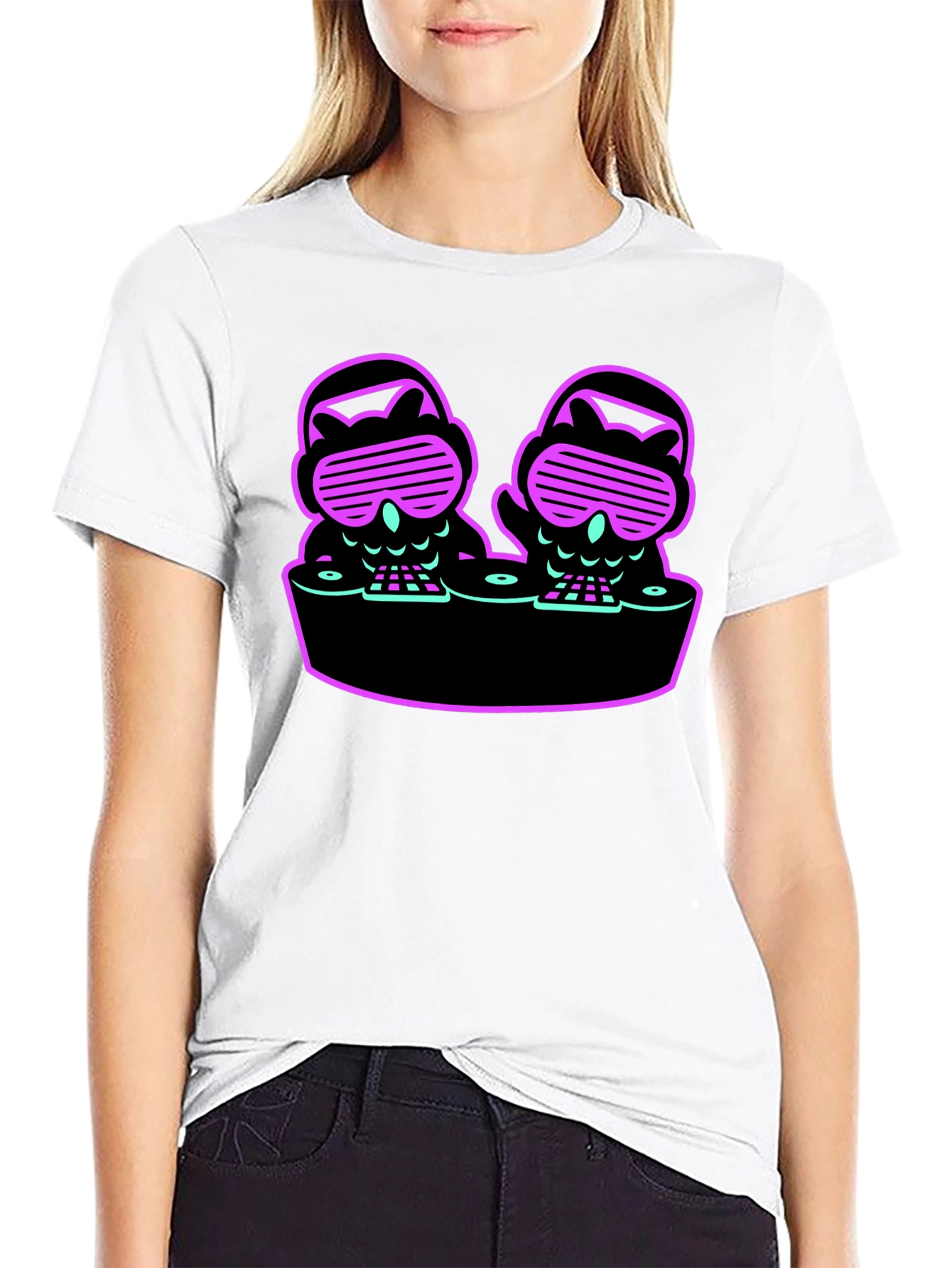 DJ Owls Graphic Tee - Unique Neon Design