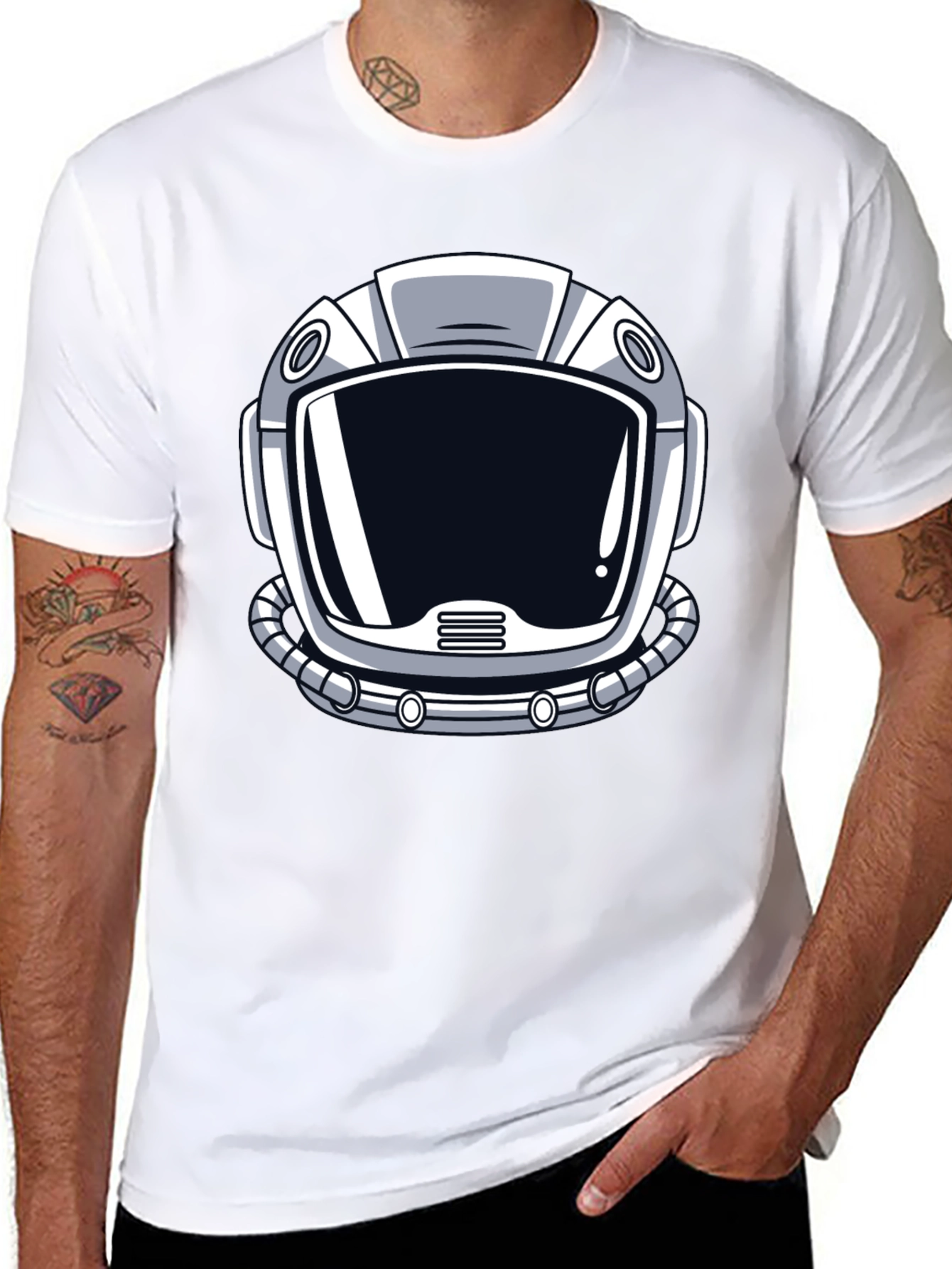 Astronaut Helmet Graphic Tee - Black Cotton T-Shirt