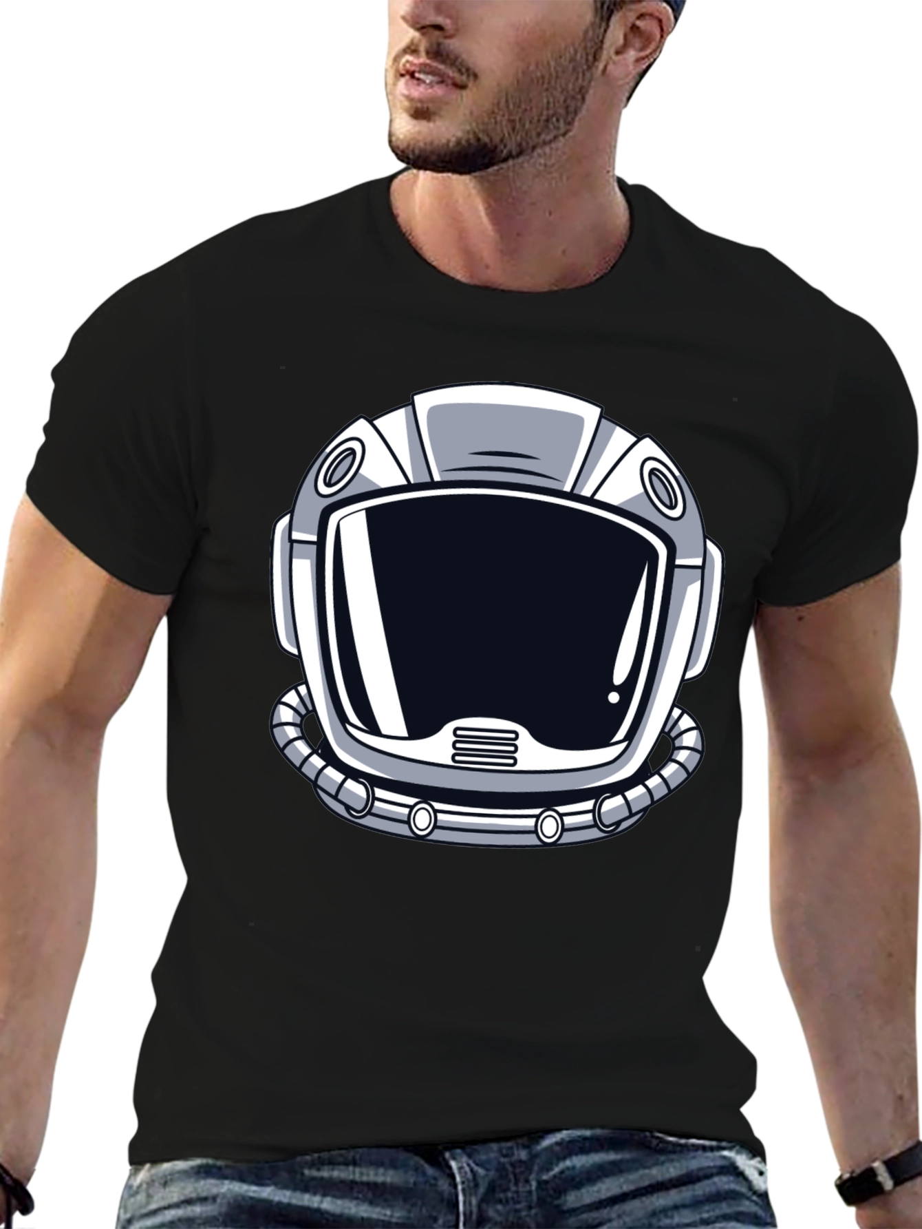 Astronaut Helmet Graphic Tee - Black Cotton T-Shirt