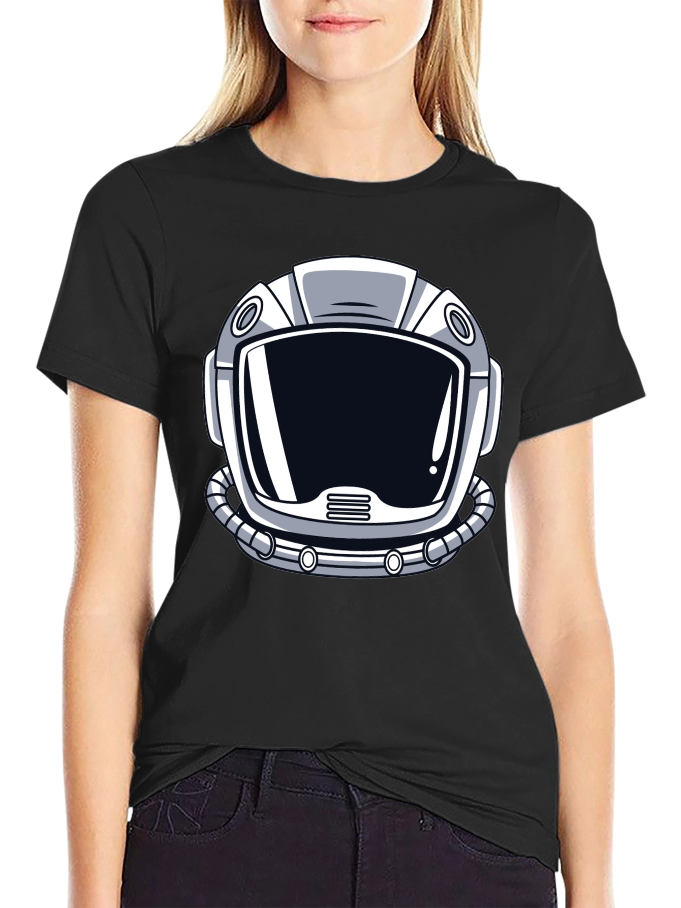 Astronaut Helmet Graphic Tee - Black Cotton T-Shirt