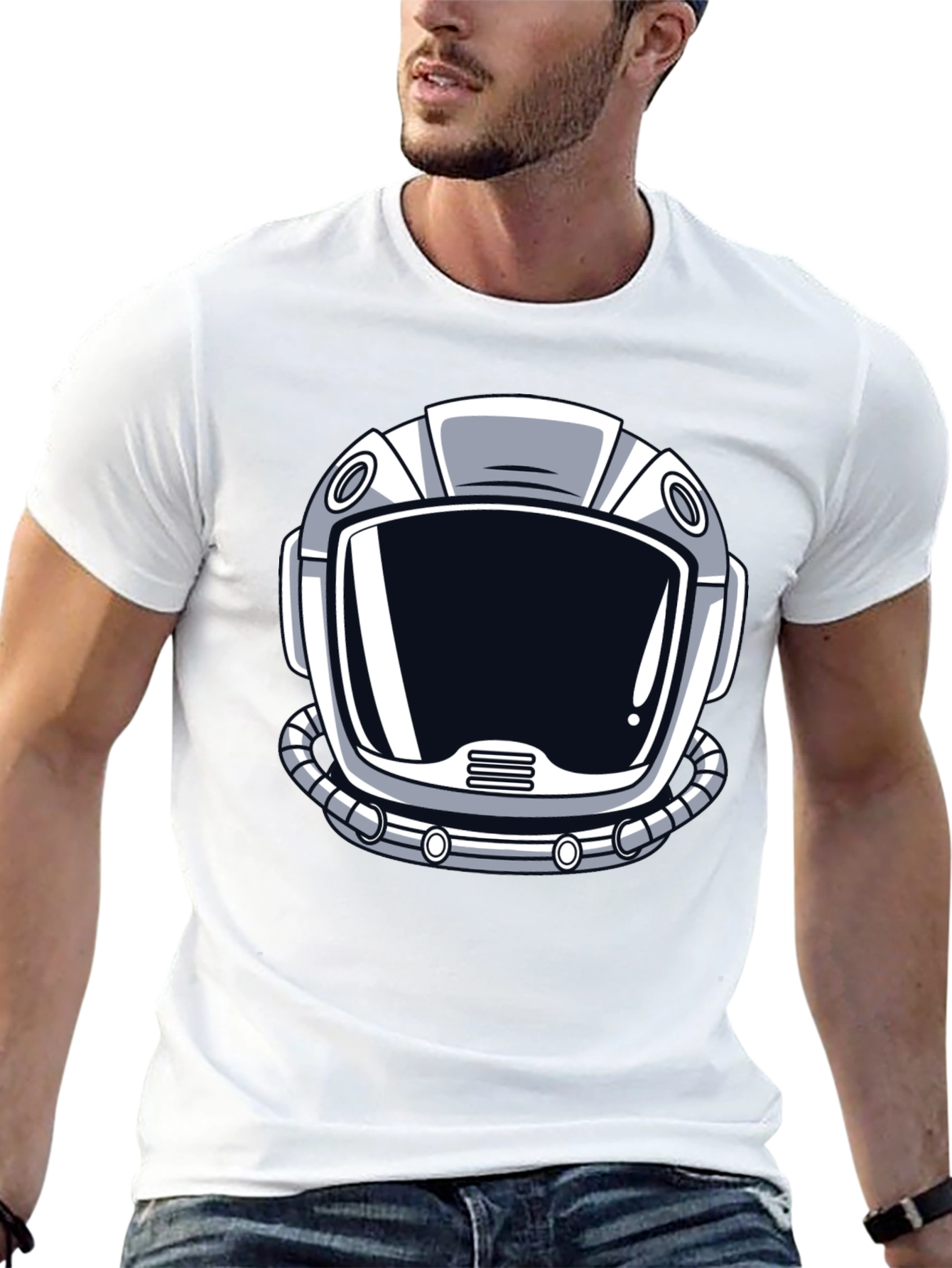 Astronaut Helmet Graphic Tee - Black Cotton T-Shirt