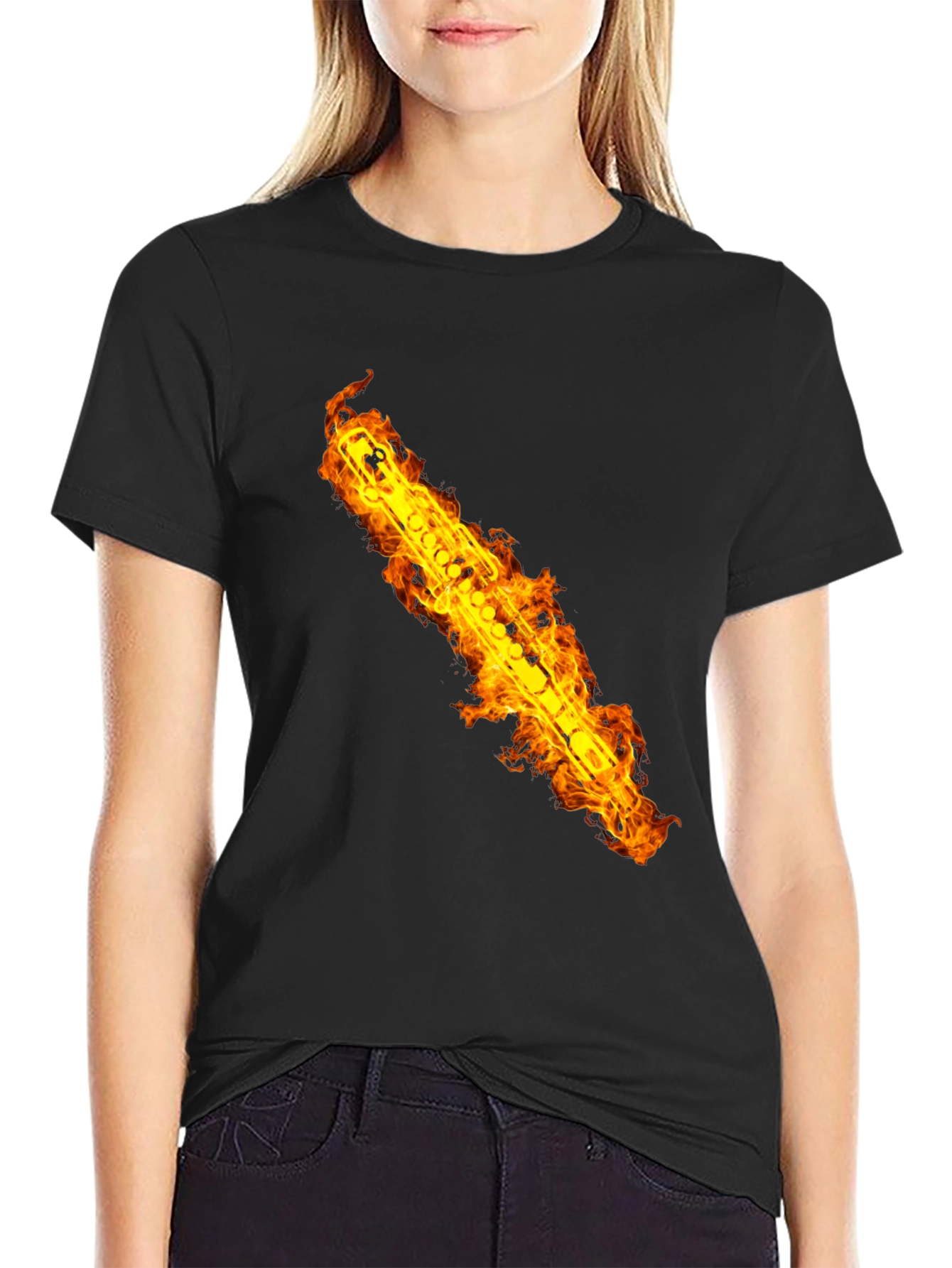 Fiery Flute Graphic Tee - Musicians Cool Black T-Shirt