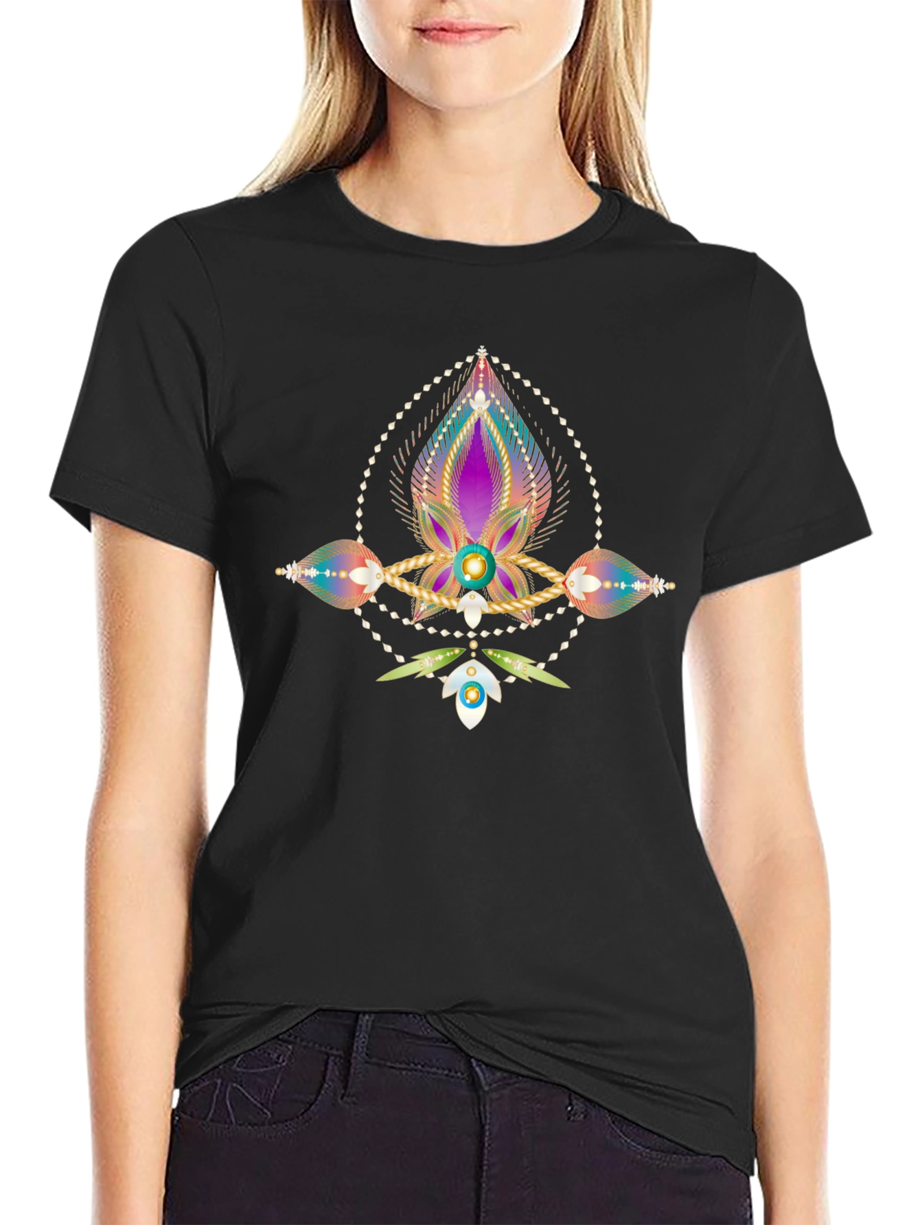 Mystic Bloom Graphic Tee - Black Cotton Blend Shirt