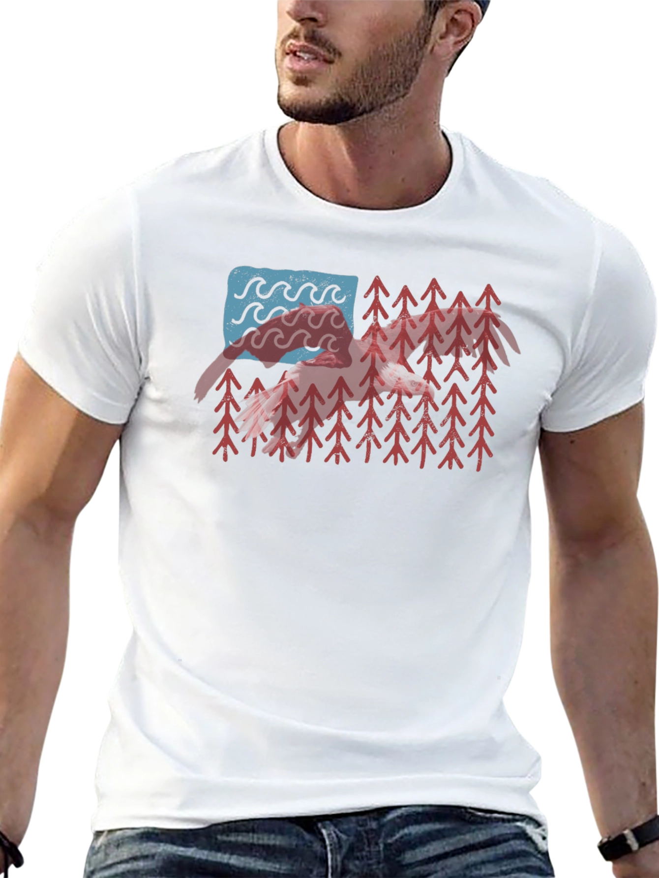 USA Flag Mountain & Wave Graphic Black T-Shirt