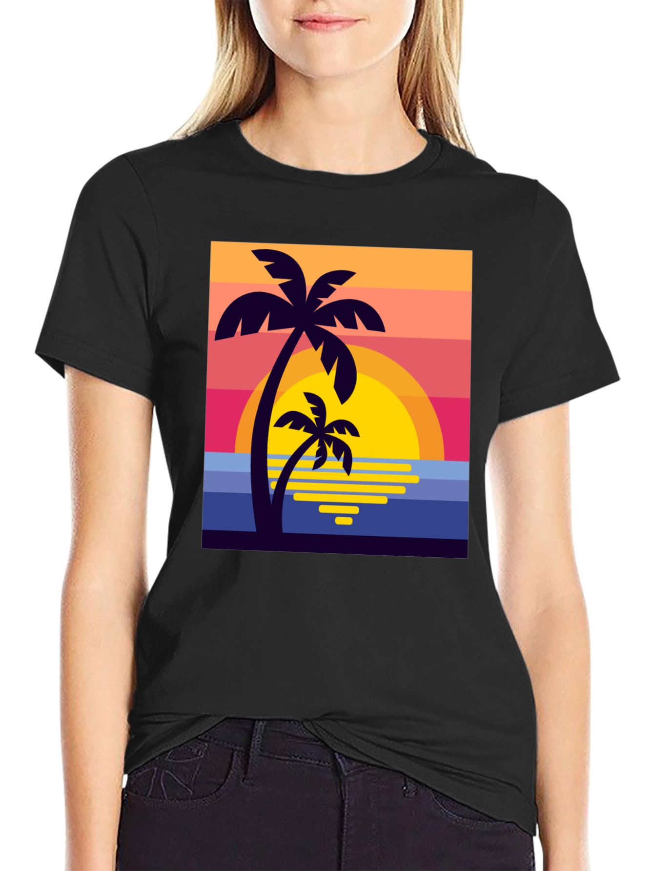 Retro Sunset Palm Tree Graphic Tee - Black